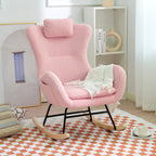 Rocking Chair Nursery, Teddy Upholstered Rocker Glider Chair with High Backrest, Adjustable Headrest & Pocket, Comfy Glider Chair for Nursery, Bedroom, Living Room, Offices, Rubber wood, pink - Grand Goldman Shop