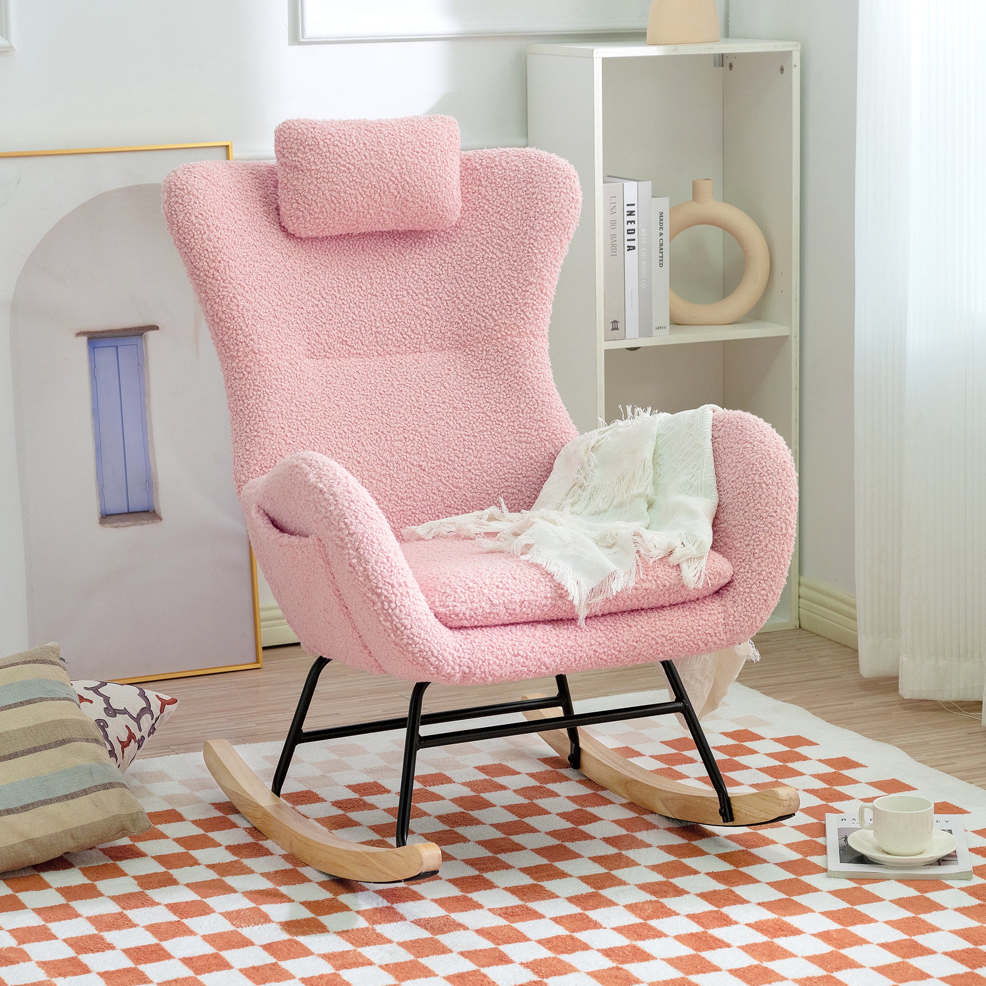 Rocking Chair Nursery, Teddy Upholstered Rocker Glider Chair with High Backrest, Adjustable Headrest & Pocket, Comfy Glider Chair for Nursery, Bedroom, Living Room, Offices, Rubber wood, pink - Grand Goldman Shop