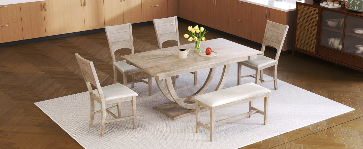 TOPMAX Modern Style Natural Wood 6-Piece Dining Table Set with Bench and Chairs, Upholstered Seats, Rubberwood Frame - Grand Goldman Shop