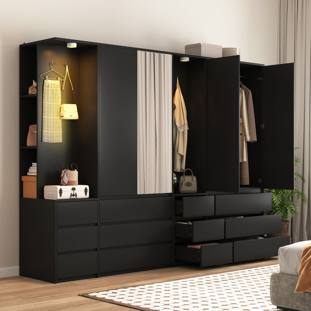 Wardrobe Closet 71.7' H, Bedroom Wooden Wardrobe with 2 Doors 6 Drawers, Modern Clothing Storage Cabinet Combination with Storage Shelves and Hanging Rail, Black - Grand Goldman Shop