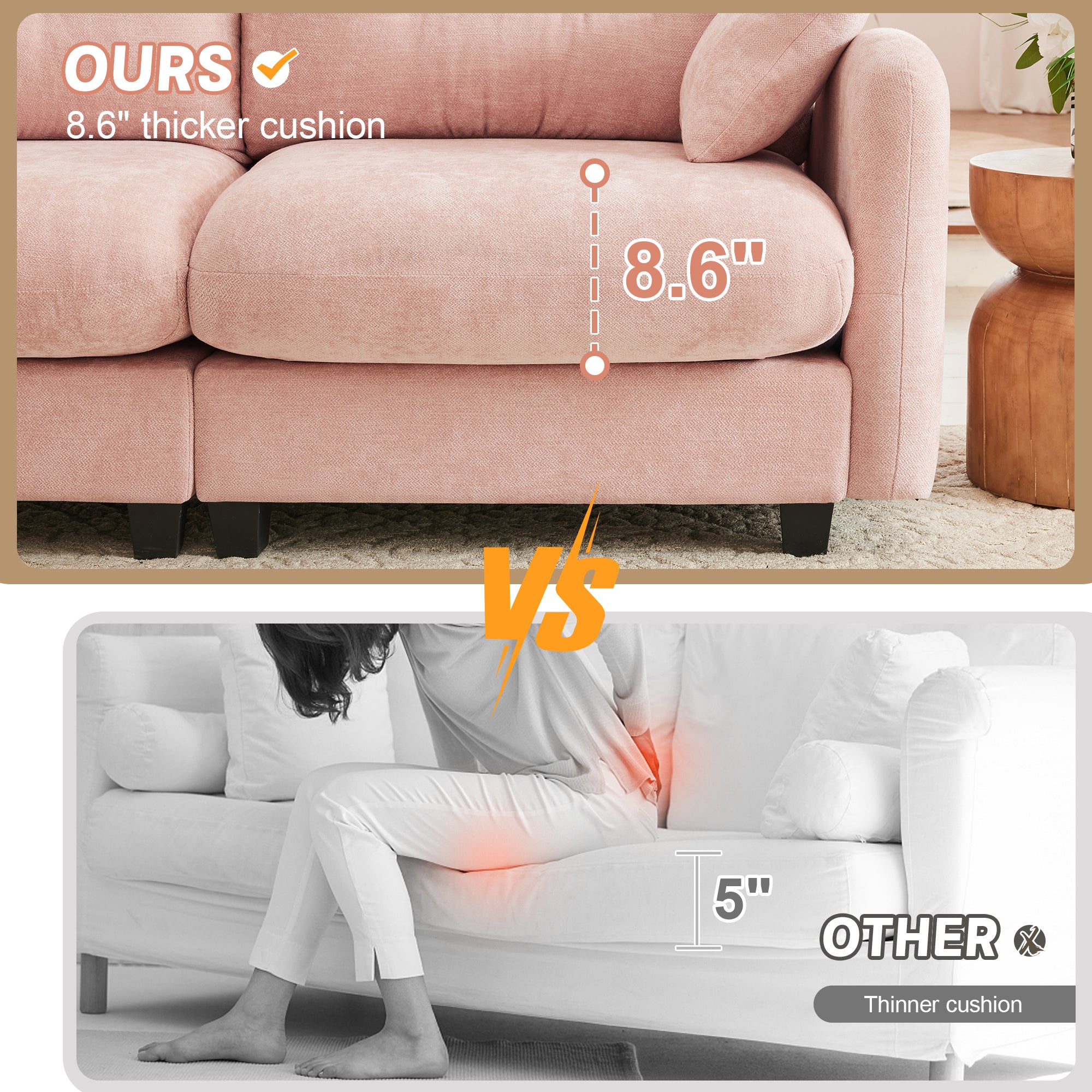 Cloud Sectional L-Shaped Couch With Ottoman,Soft Chenille Fabric,Quilted Pleated Design High-Density Foam,Fits Bedrooms Living Rooms Reading Nooks,Pink - Grand Goldman Shop