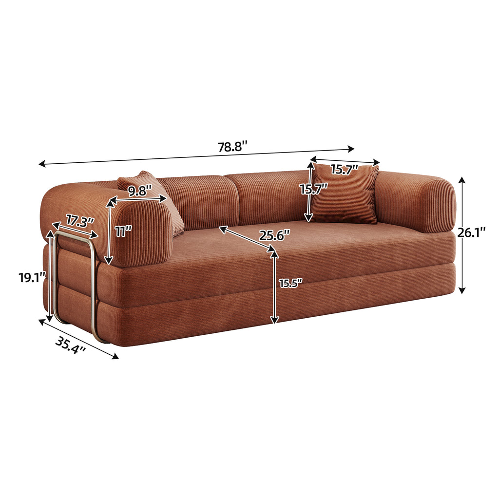 78.8' Compression Sofa,Convertible Floor Sofa Bed-with Pillow Back Support Armrest,Comfy Futon Couch Sleeper Bed,Loveseats Boneless Modular Sectional Sofa,Corduroy fabric,for Living Room,Bedroom,Brown - Grand Goldman Shop