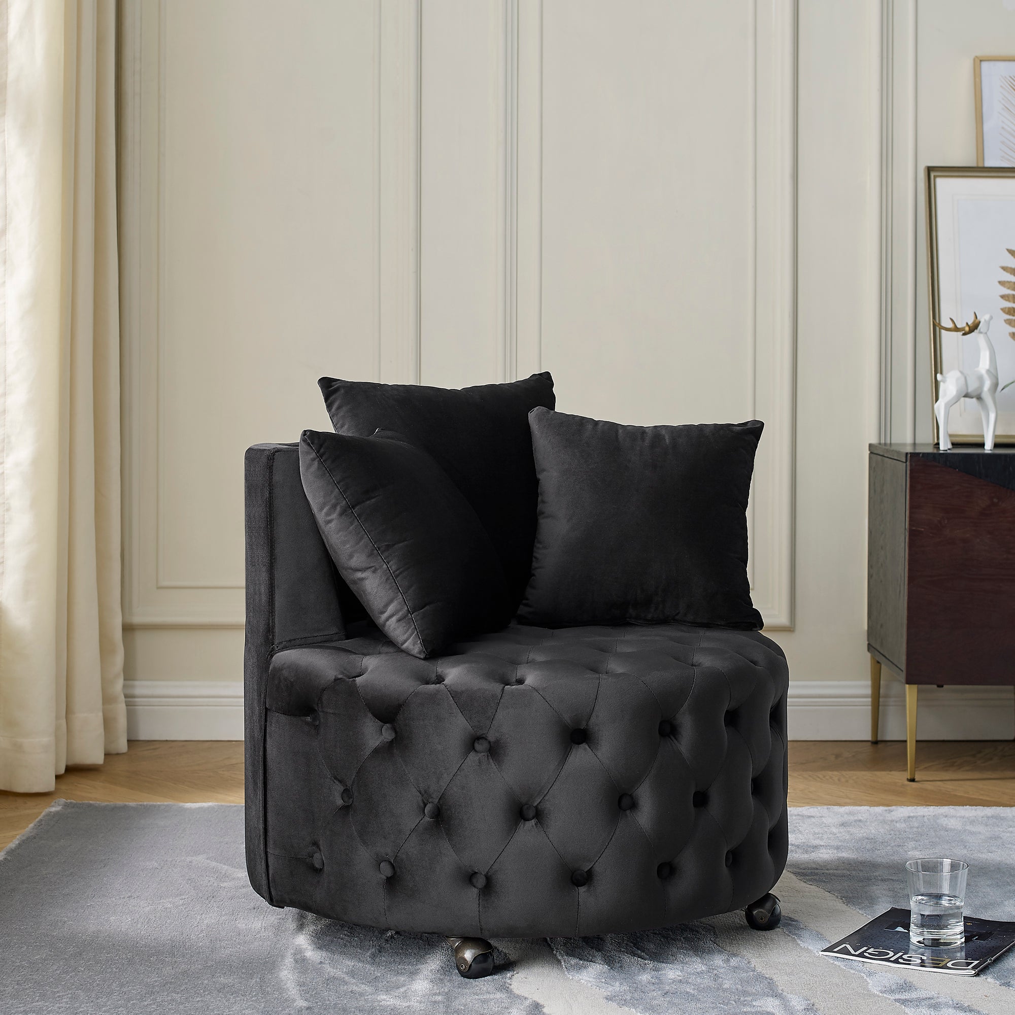Modern Velvet Upholstered Swivel Chair with Button Tufted Design, Movable Wheels, 3 Pillows, Black - Grand Goldman Shop