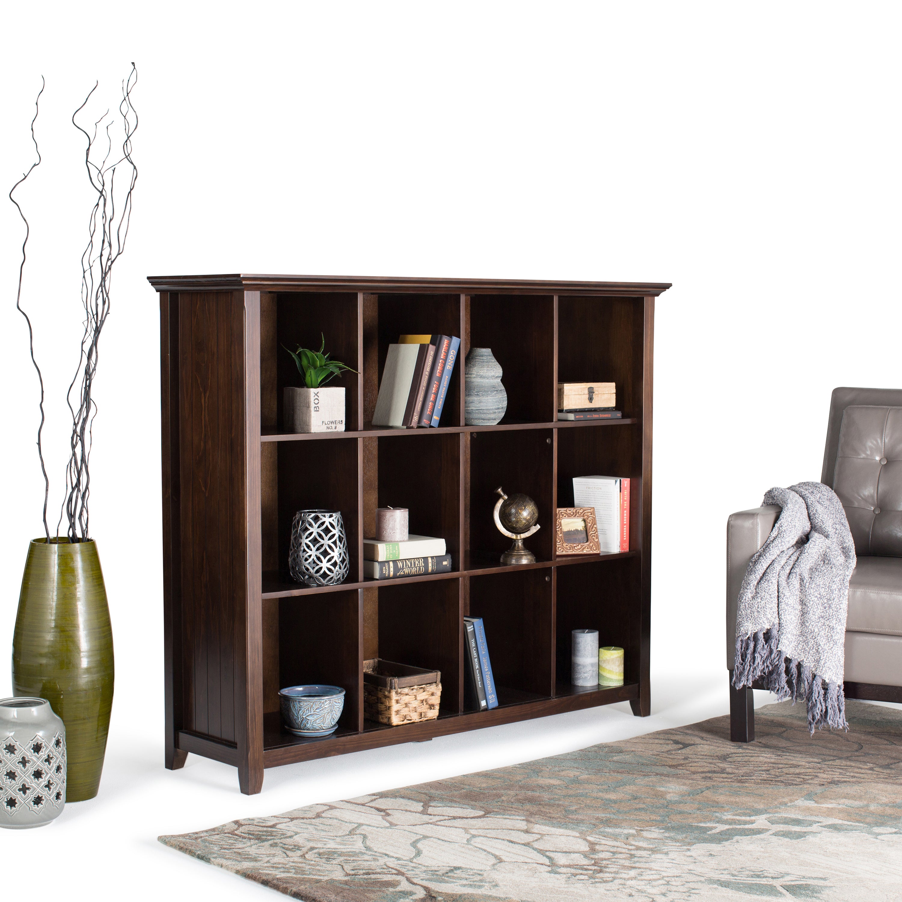 Acadian 12 Cube Storage in Dark Brown Solid Wood with Transitional Design, 57W x 15.75D x 48H inches | Premium Home Decor - G
