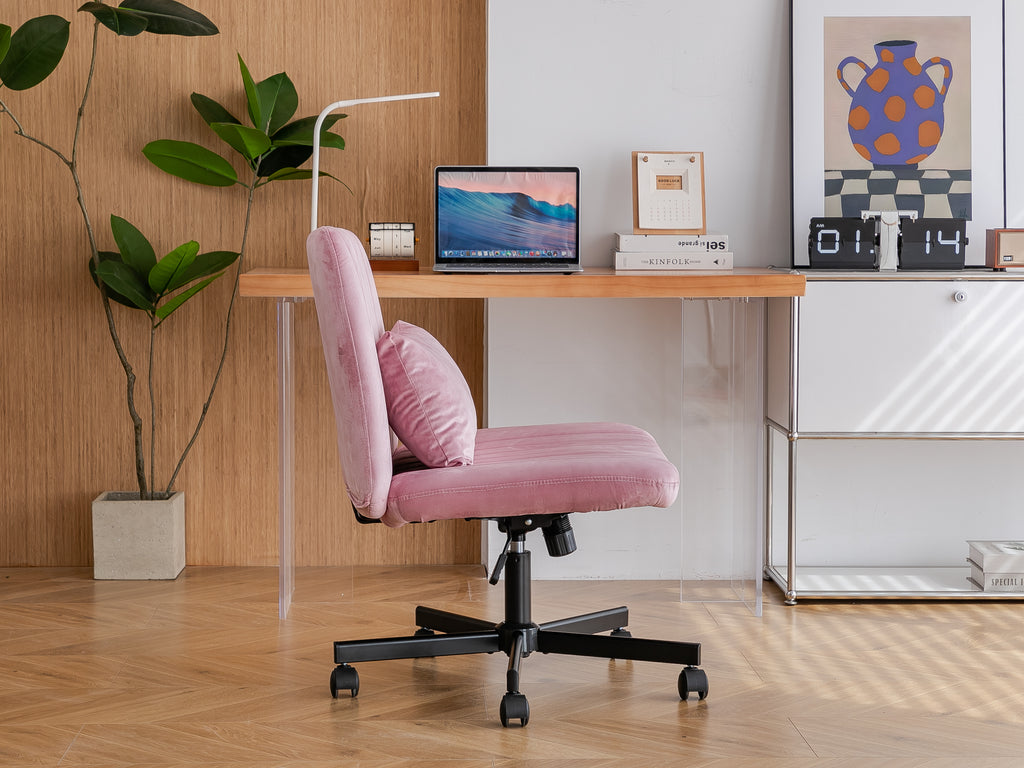 Light Pink Velvet Criss Cross Armless Office Chair with Wheels - Comfortable & Stylish for Home Office, Meditation, and Makeu