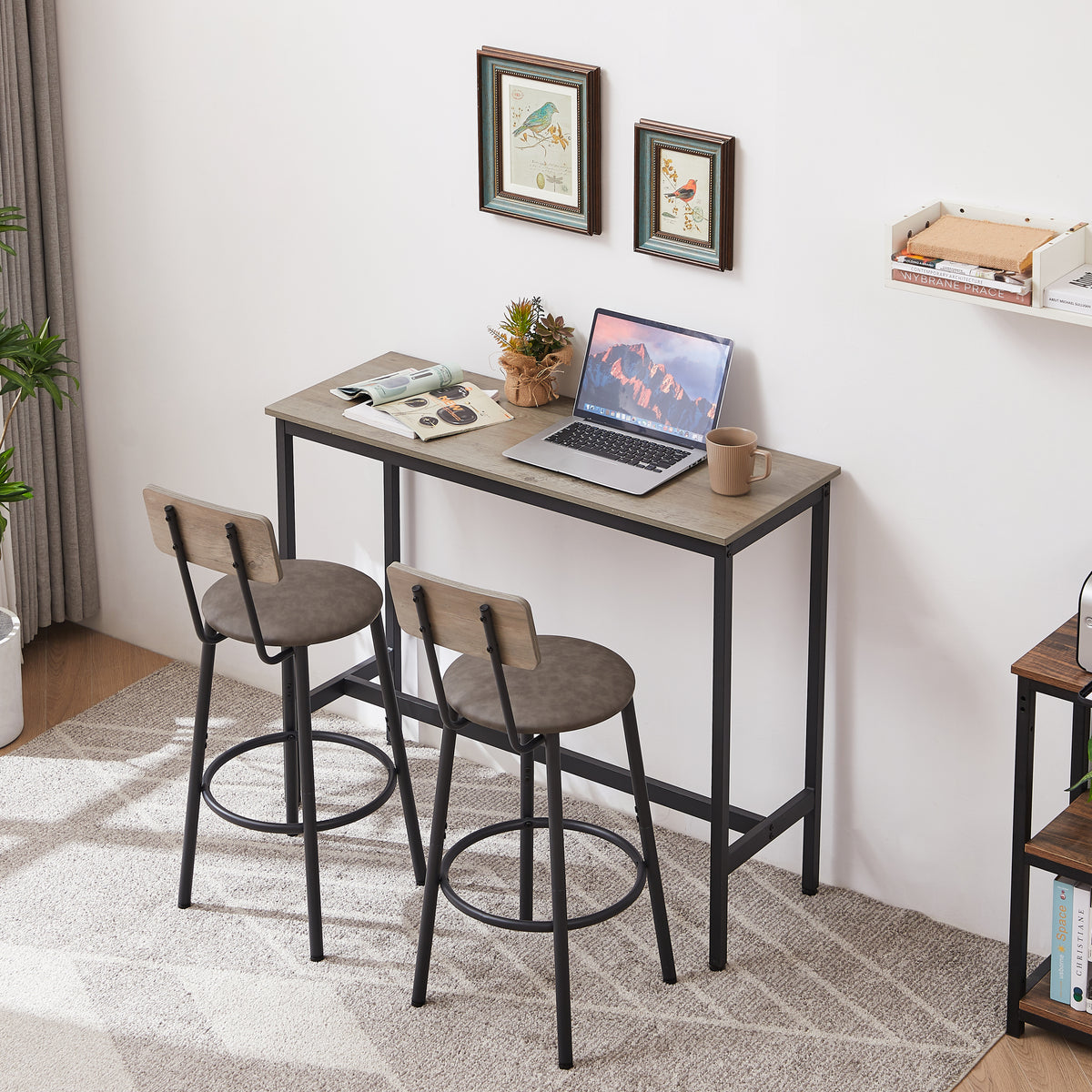 Bar Table Set with 2 Bar stools PU Soft seat with backrest, Grey, 43.31'' L x 15.75'' W x 35.43'' H. - Grand Goldman Shop