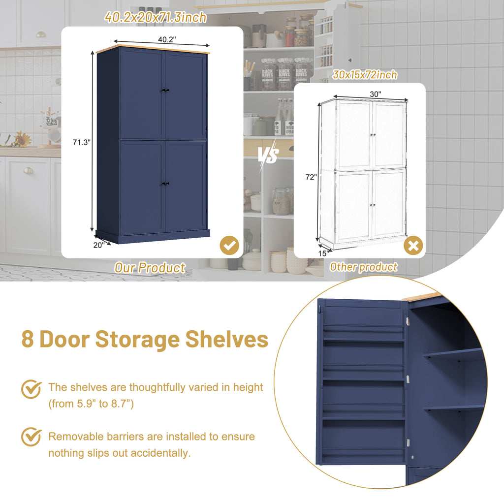 [Assembly Video Provided]TOPMAX 40.2x20x71.3inch High Freestanding Kitchen Pantry Large Cupboard Storage Cabinet with 2 Drawers, 2 Adjustable Shelves, 8 Door Shelves for Kitchen, Dining Room,Blue - Grand Goldman Shop