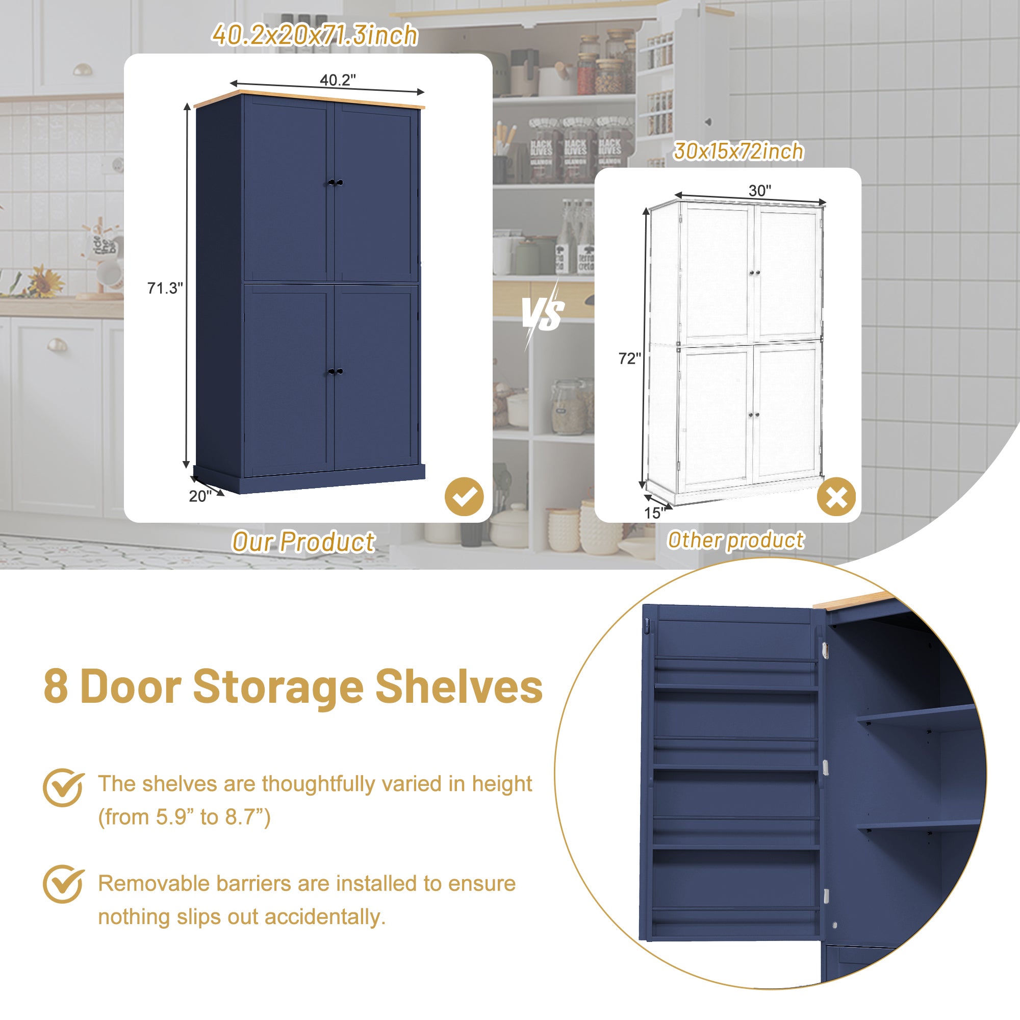 [Assembly Video Provided]TOPMAX 40.2x20x71.3inch High Freestanding Kitchen Pantry Large Cupboard Storage Cabinet with 2 Drawers, 2 Adjustable Shelves, 8 Door Shelves for Kitchen, Dining Room,Blue - Grand Goldman Shop