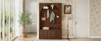 ON-TREND Farmhouse All-in-One Hall Tree with Adjustable Shelves, Retro Arched Entryway Storage Bench with 3 Cabinets, Wooden Coat Rack Organizer with 4 Golden Hooks for Mudroom, Hallway, Walnut - Grand Goldman Shop