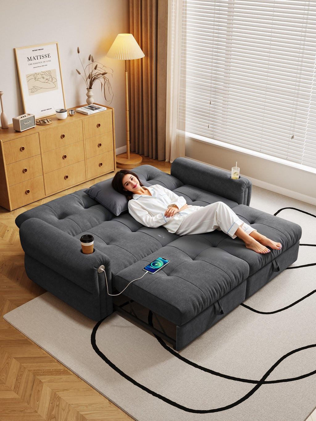 It is a multi-functional sofa, a 77-inch convertible sofa bed, and a 2-in-1 piece suitable for both sitting and lying down. Made of  Chenille fabric, it is suitable for living rooms, bedrooms - Grand Goldman Shop
