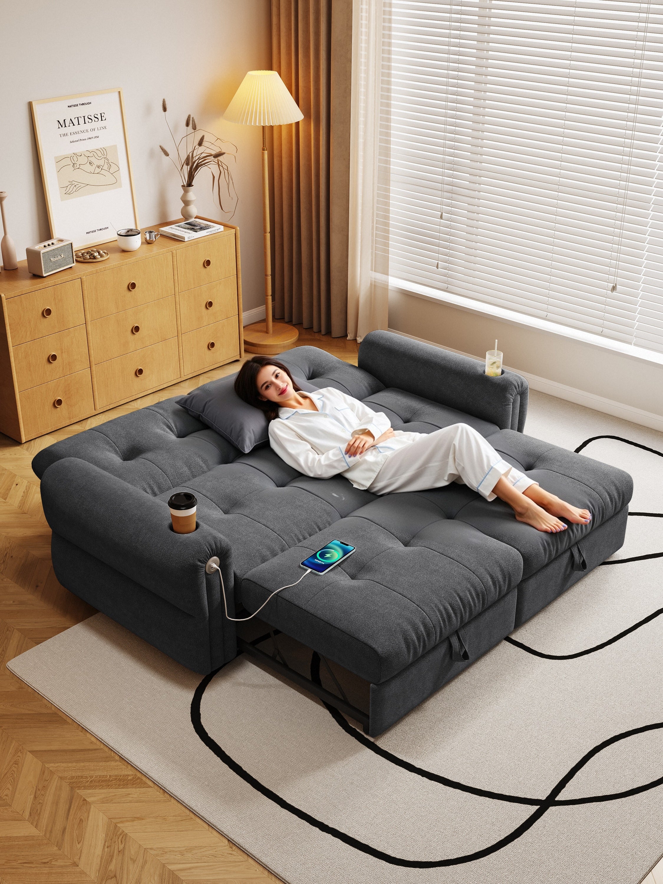 It is a multi-functional sofa, a 77-inch convertible sofa bed, and a 2-in-1 piece suitable for both sitting and lying down. Made of  Chenille fabric, it is suitable for living rooms, bedrooms - Grand Goldman Shop