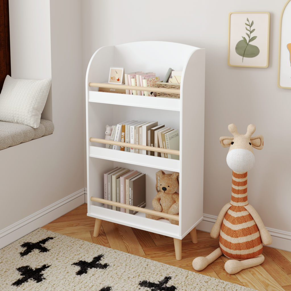Kids Bookshelf 3-Tier White Book Organizer with Toy Storage, MDF and Pine Wood Legs | Premium Home Decor - Grand Goldman