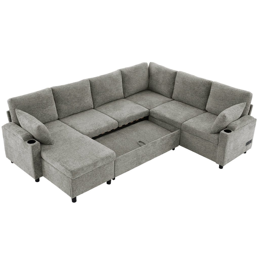 Versatile Light Grey Chenille Sectional Sofa Bed with Storage, Cup Holders & Charging Ports, 109.9' - Grand Goldman Shop