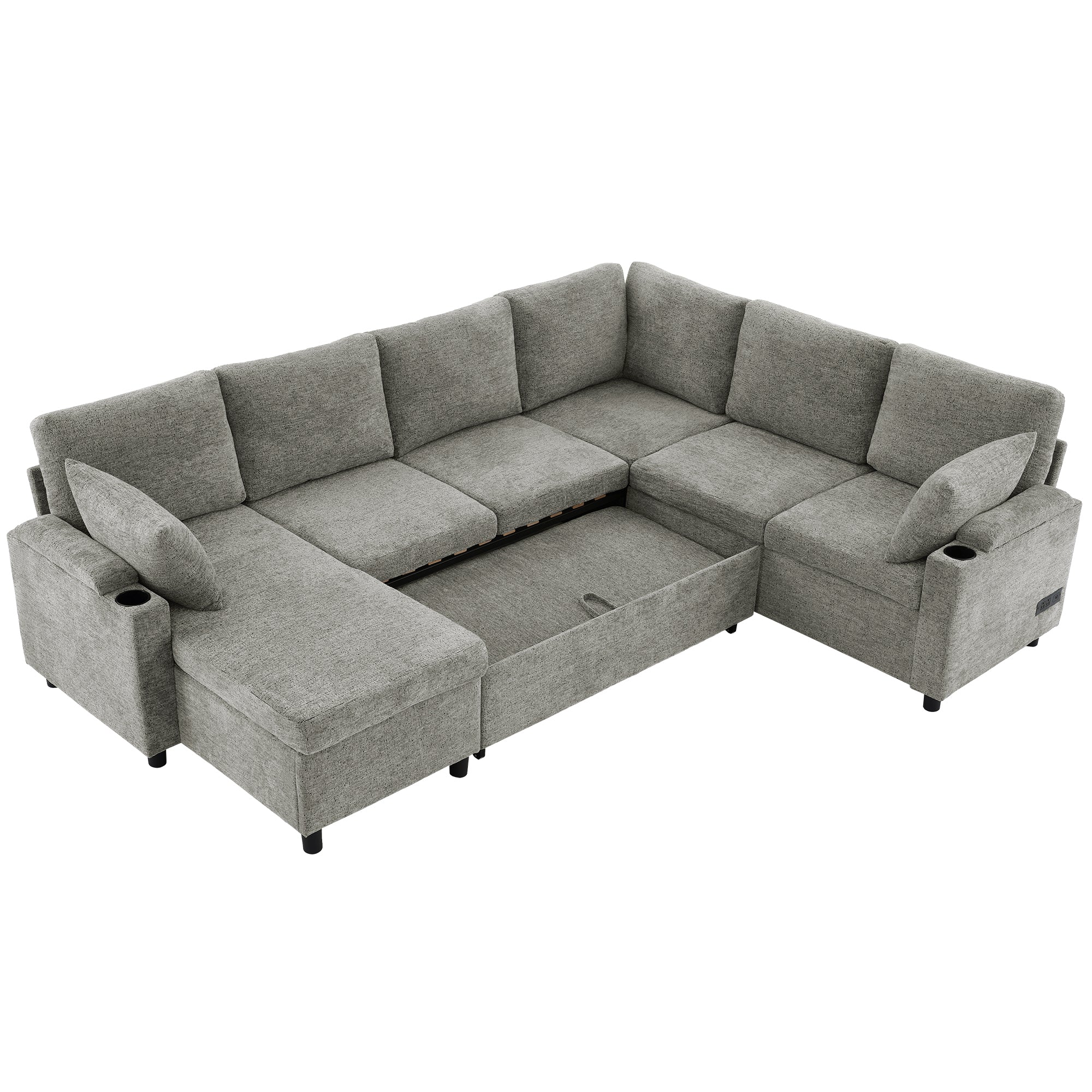 Versatile Light Grey Chenille Sectional Sofa Bed with Storage, Cup Holders & Charging Ports, 109.9' - Grand Goldman Shop