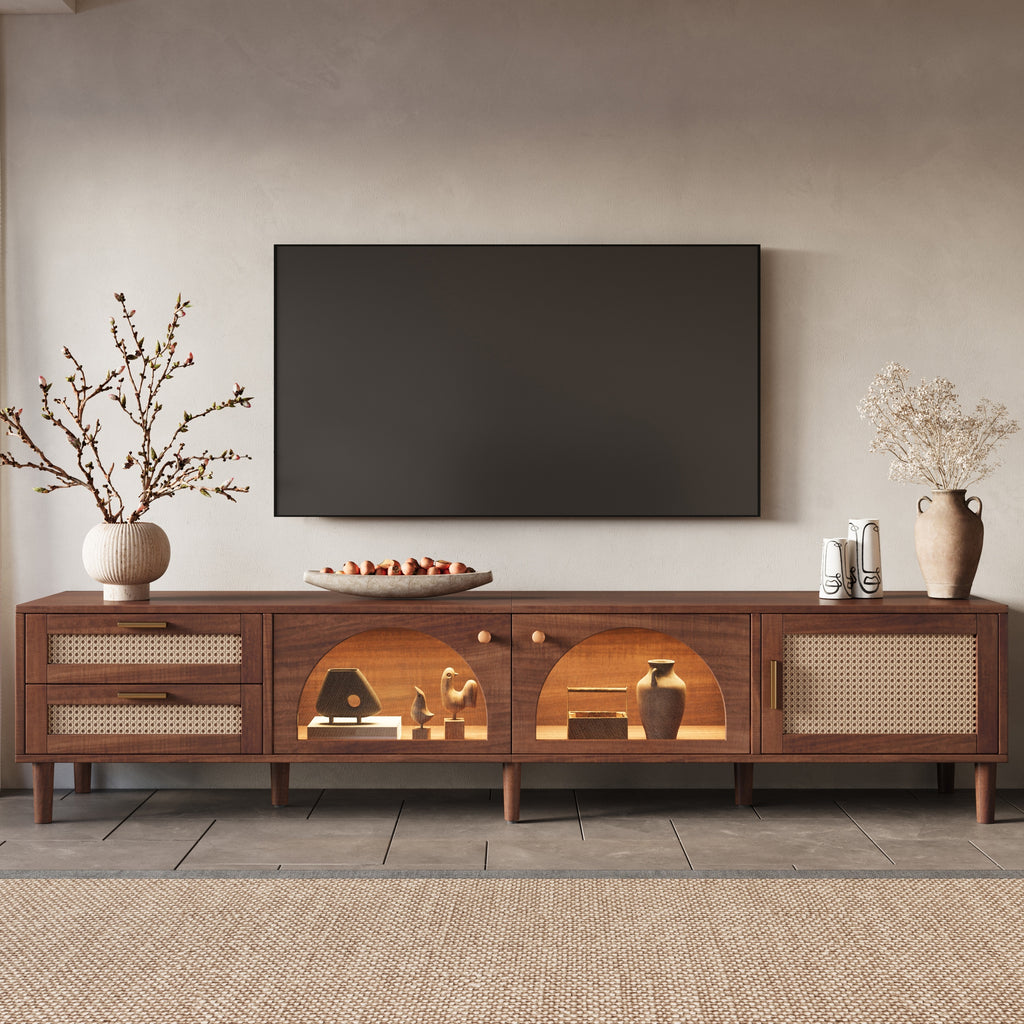 Modern 86 inch TV Stand for TVs up to 90 inches, Dark Brown Rattan Design with App-Controlled LED Lights, 2 Drawers & Glass Door Storage, MDF and Solid Wood Media Console - Grand Goldman Shop