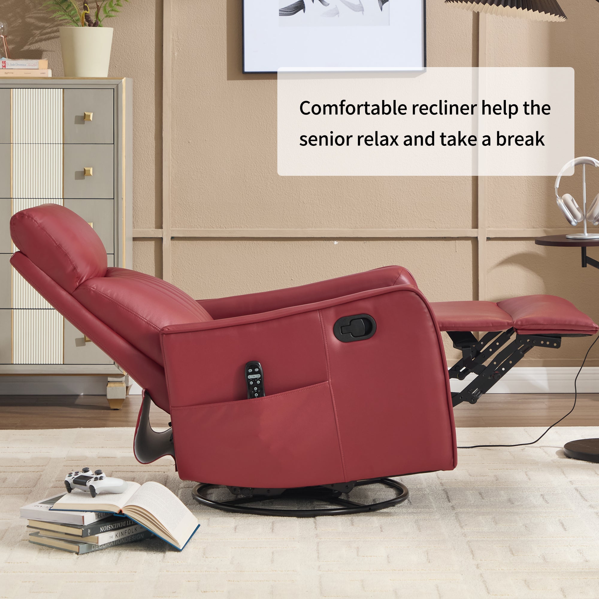 Red Faux Leather Heat Massage Manual Recliner Chair with Rocker and Swivel for Living Room - Grand Goldman Shop