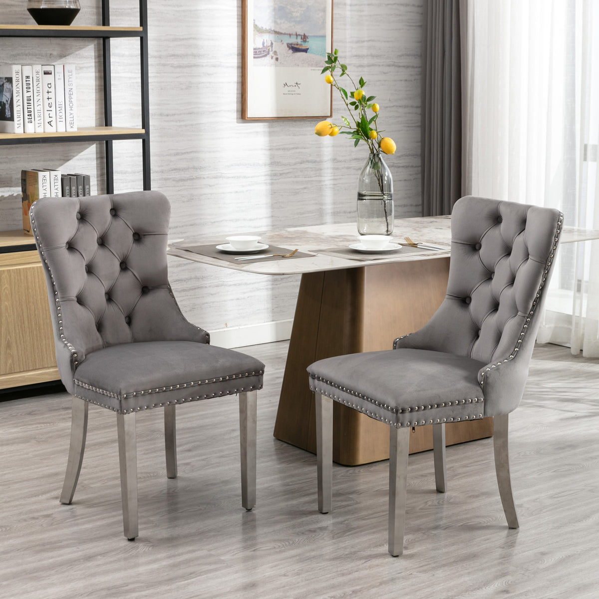 A&A Furniture,Nikki Collection Modern, High-end Tufted Solid Wood Contemporary Velvet Upholstered Dining Chair with Chrome Stainless Steel Plating Legs,Nailhead Trim,Set of 2,Gray and Chrome, SW1701GY - Grand Goldman Shop