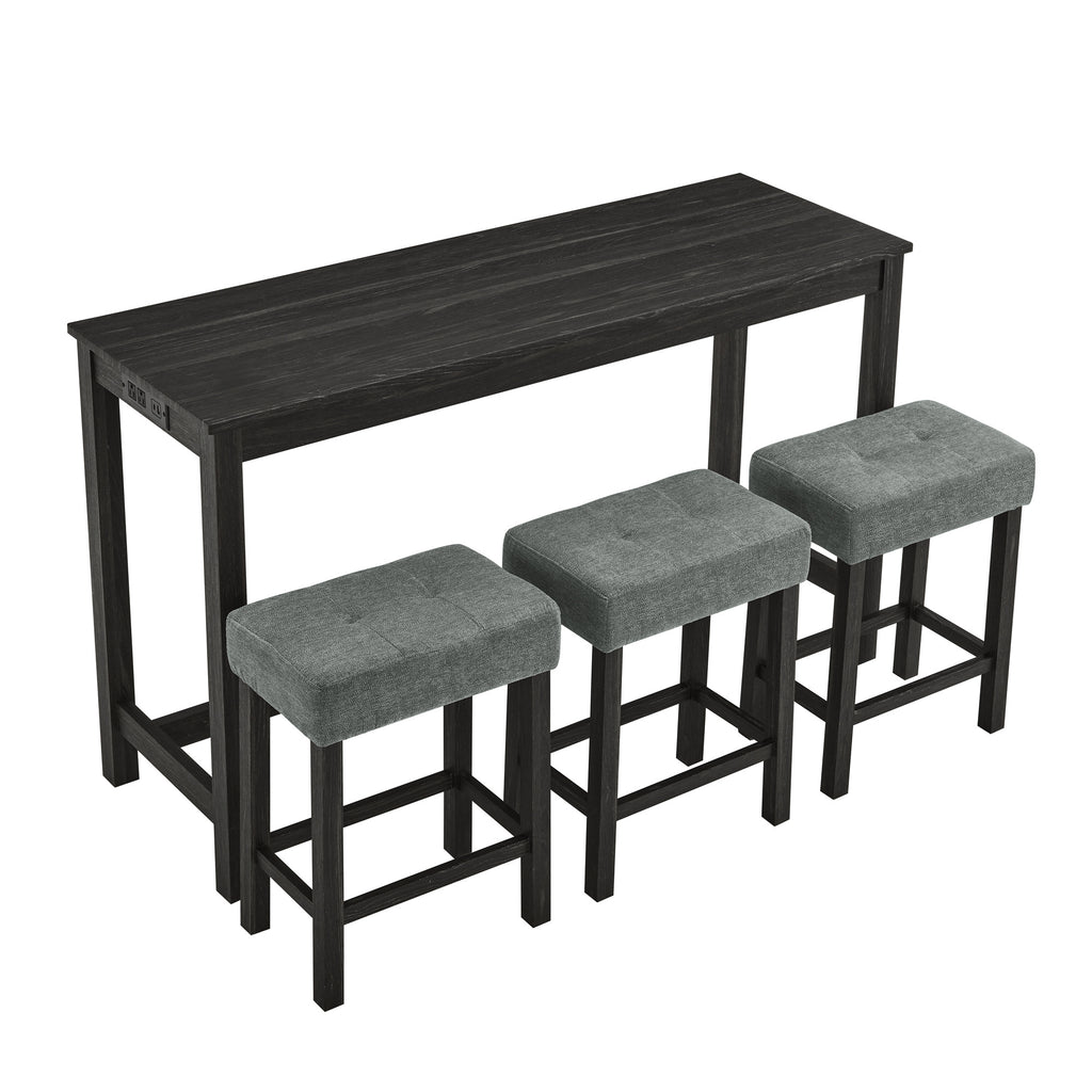 59 Inch Bar Table, Dining Table, Sofa Table with Power Outlet, 3 Upholstered Stools, 4 Piece Bar Table and Chair Set for Living Room, Dining Room, Kitchen - Grand Goldman Shop