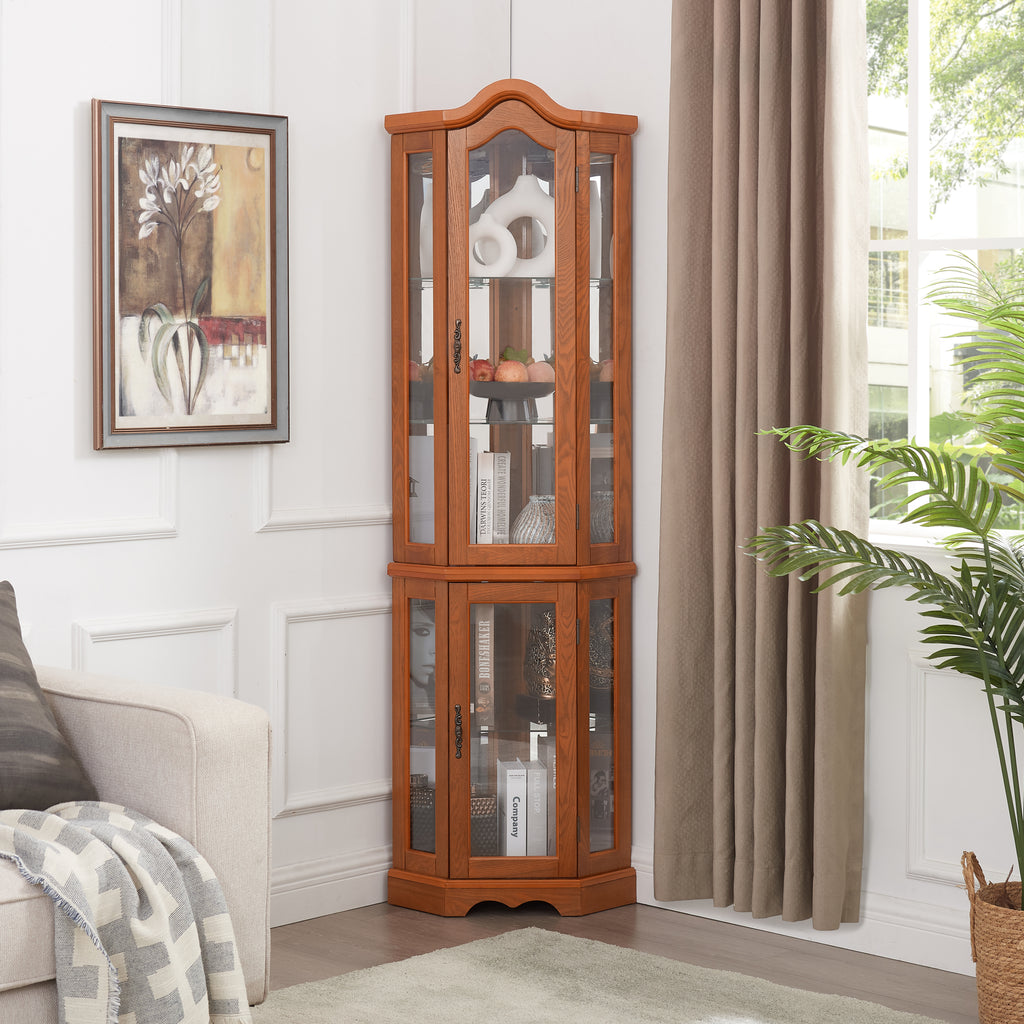 Curio Cabinet Lighted Glass Display Curio Cabinet w/Tempered Glass Doors and Shelves, Crown Corner Cabinet with Bulb, Corner Storage Decoration for Living room and Bedroom OAK - Grand Goldman Shop