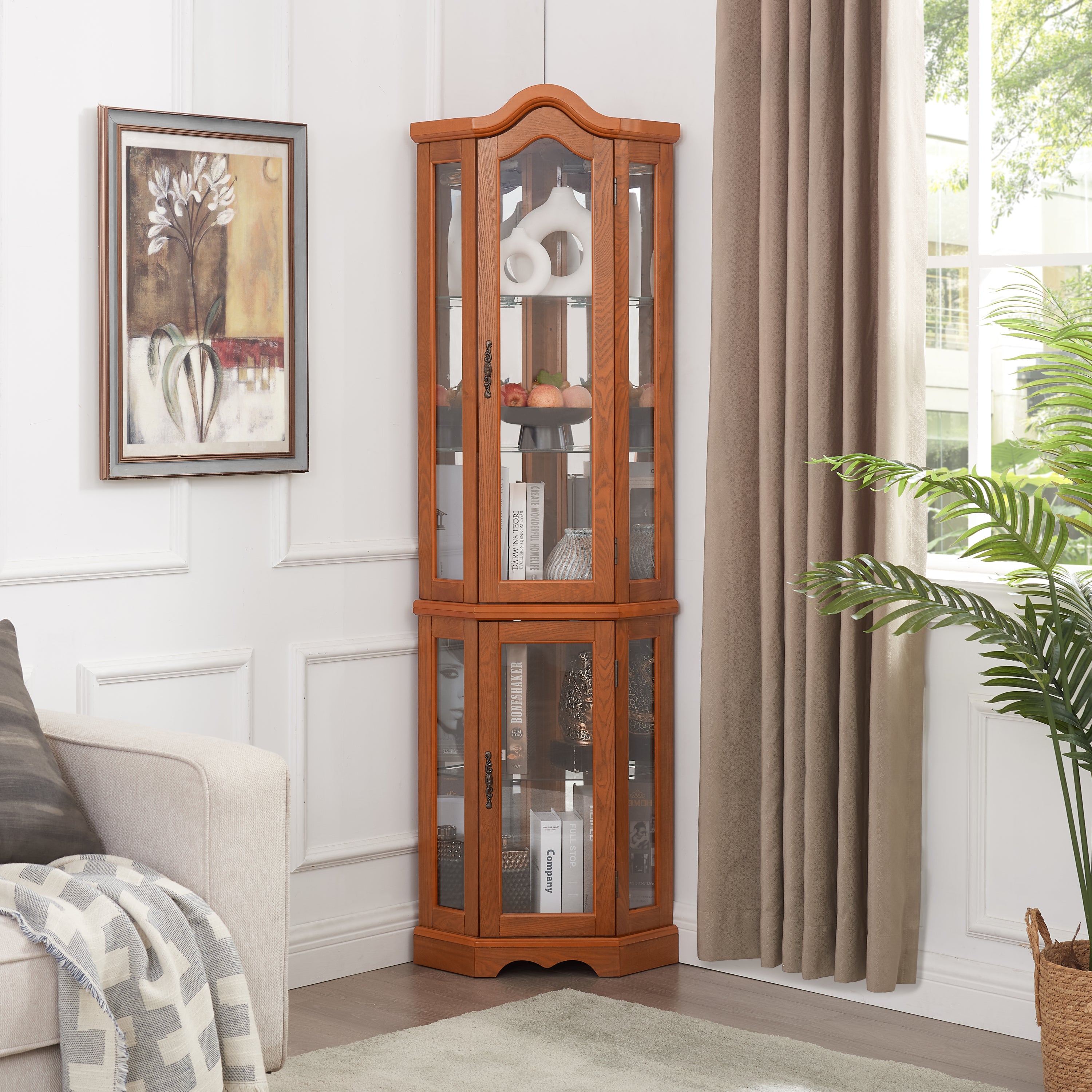 Curio Cabinet Lighted Glass Display Curio Cabinet w/Tempered Glass Doors and Shelves, Crown Corner Cabinet with Bulb, Corner Storage Decoration for Living room and Bedroom OAK - Grand Goldman Shop