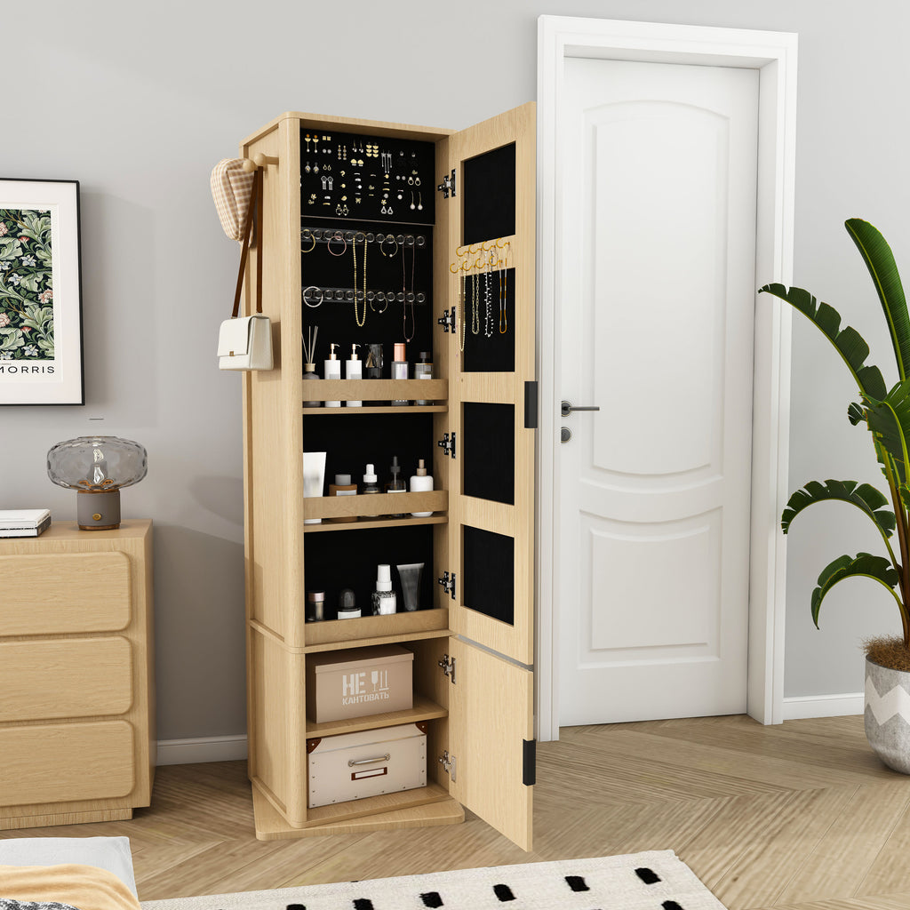 360° Rotating Makeup Cabinet in Walnut with Full-Length Mirror, Jewelry Storage, Coat Rack, 4 Open Shelves & 2 Built-In Shelves - Grand Goldman Shop