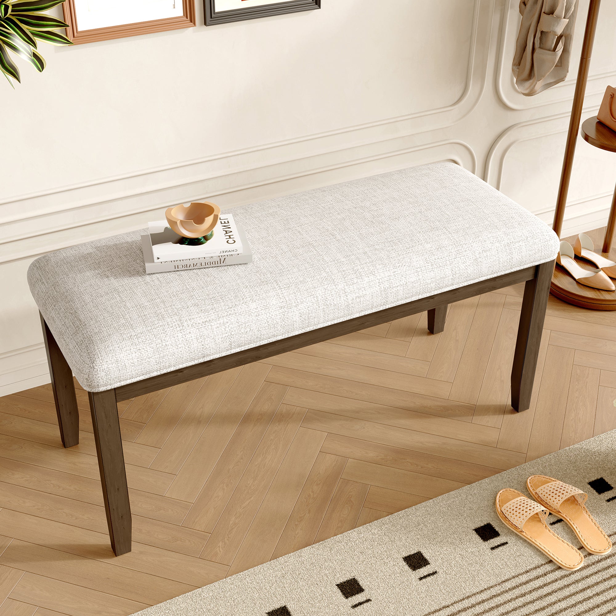 Upholstered Bench for Bedroom End of Bed,38-inch Entryway Bench for Living Room,Dining Bench with Padded Seat and Solid Wood Leg for Kitchen Bedroom,Indoor and Hallway (Bench, Beige+Brown) - Grand Goldman Shop