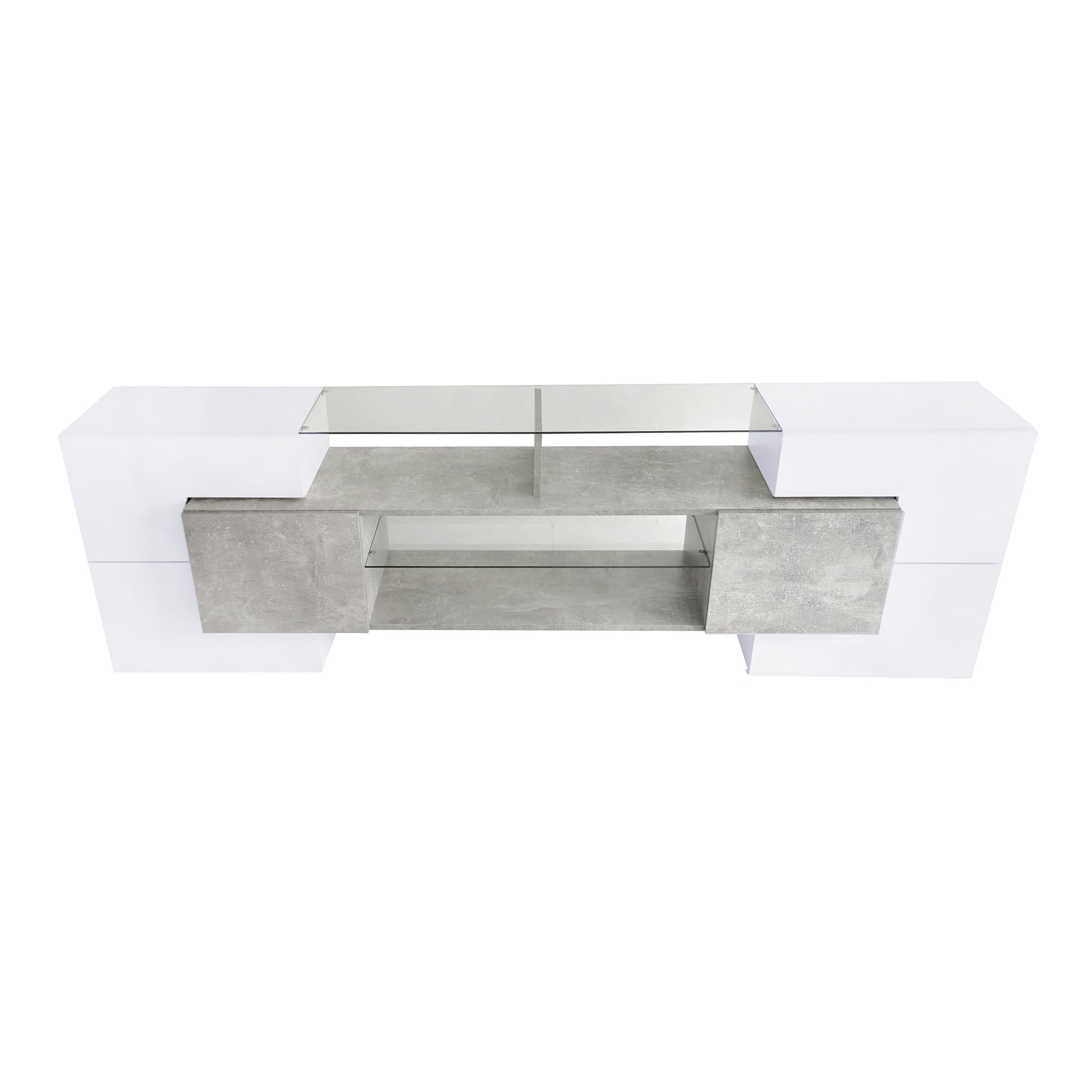 ON-TREND Unique Shape TV Stand with 2 Illuminated Glass Shelves, High Gloss Entertainment Center for TVs Up to 88', Versatile TV Cabinet with LED Color Changing Lights for Living Room, Grey - Grand Goldman Shop