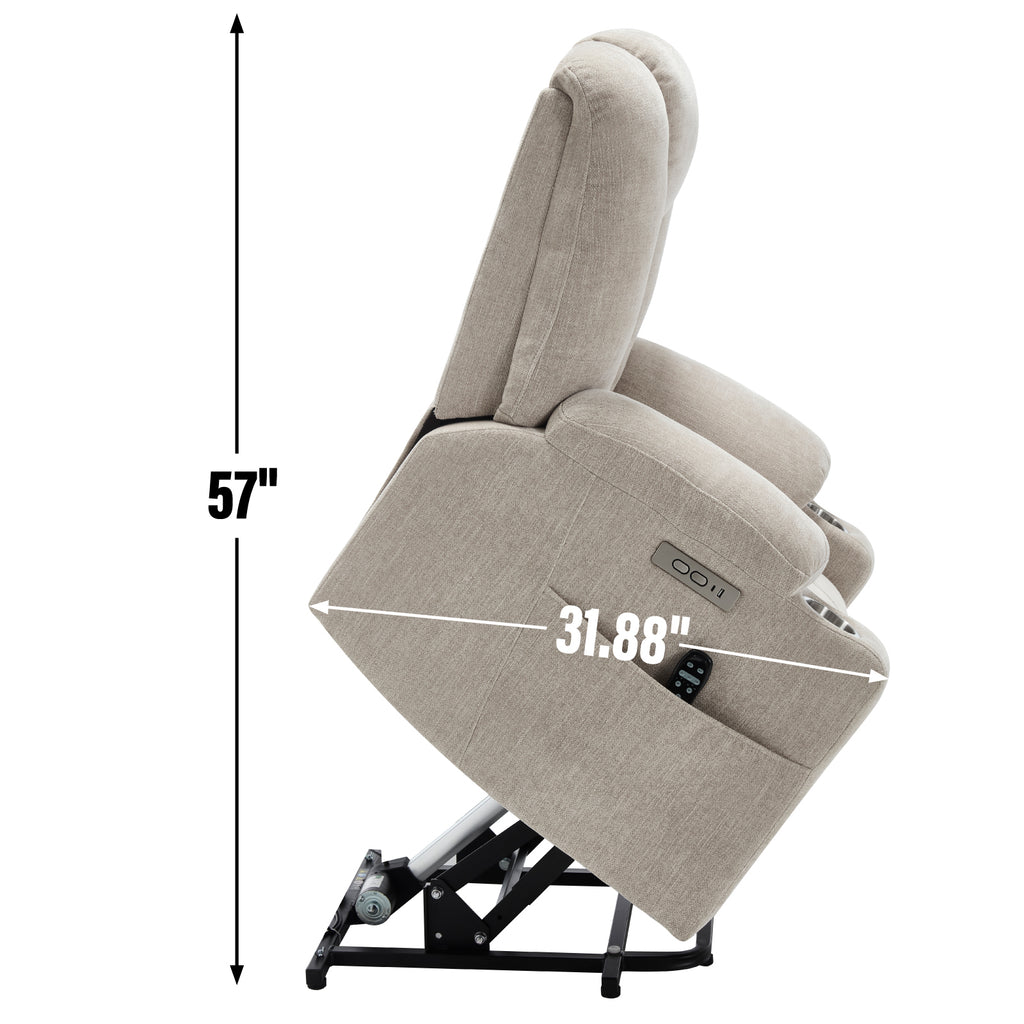 Power Lift Recliner Chair with Massage and Heat for Elderly, Overstuffed Wide Recliners, Heavy Duty Motion Mechanism with USB and Type C Ports, 2 Steel Cup Holders, Beige - Grand Goldman Shop