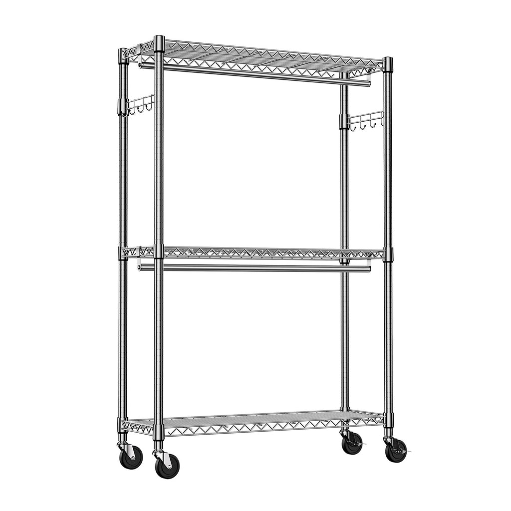 Heavy Duty Rolling Garment Rack 3 Tiers Adjustable Wire Shelving Clothes Rack with 2 Rods and Side Hooks,Storage Closet Clothing Rack with Wheels Chrome 15.7' D x 45.3' W x 79.6' H - Grand Goldman Shop