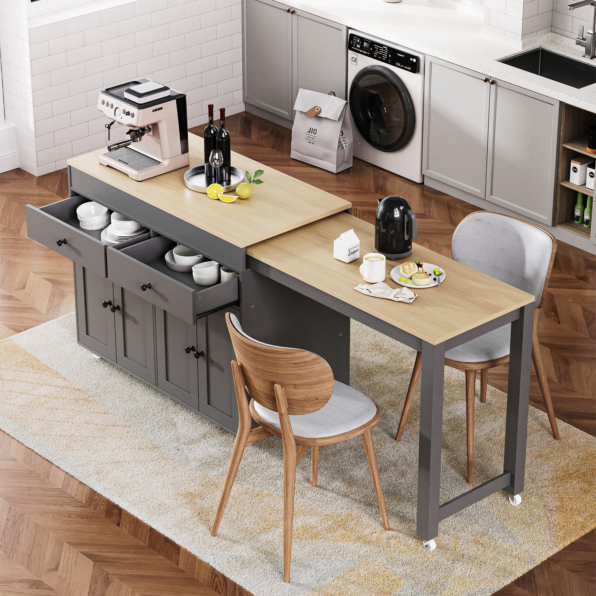 K&K 74.5 inch Kitchen Island with Extendable Dining Table , Rolling Kitchen Island on Wheels with Spice Rack and 2 Drawers, 4 Door Cabinet, for Kitchen, Dining Room, Grey (Two Packages) - Grand Goldman Shop