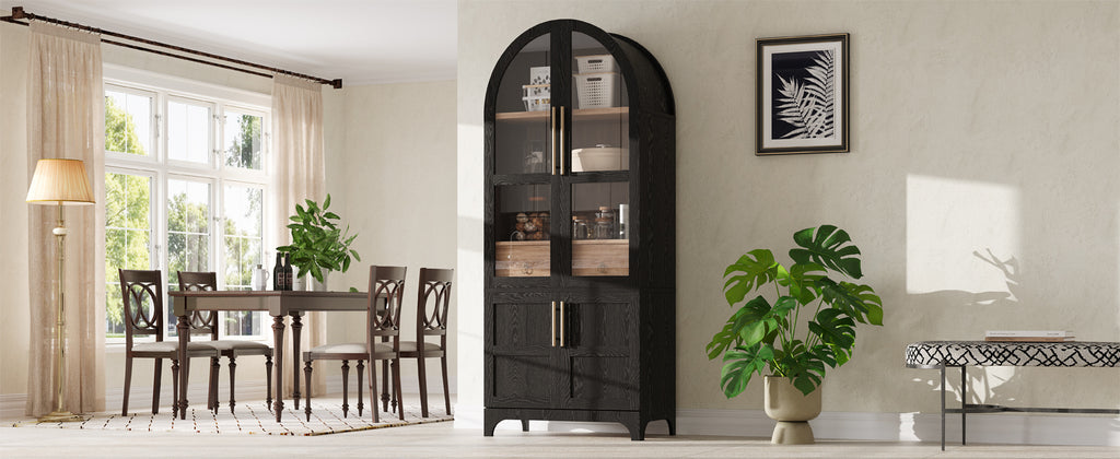 K&K 71' Tall Arched Kitchen Pantry Cabinet with Door Shelves, Farmhouse Kitchen Storage Cabinet with Open & Adjustable Shelves, Hidden Drawer & Glass Door, Cupboard for Kitchen, Dining Room, Black - Grand Goldman Shop