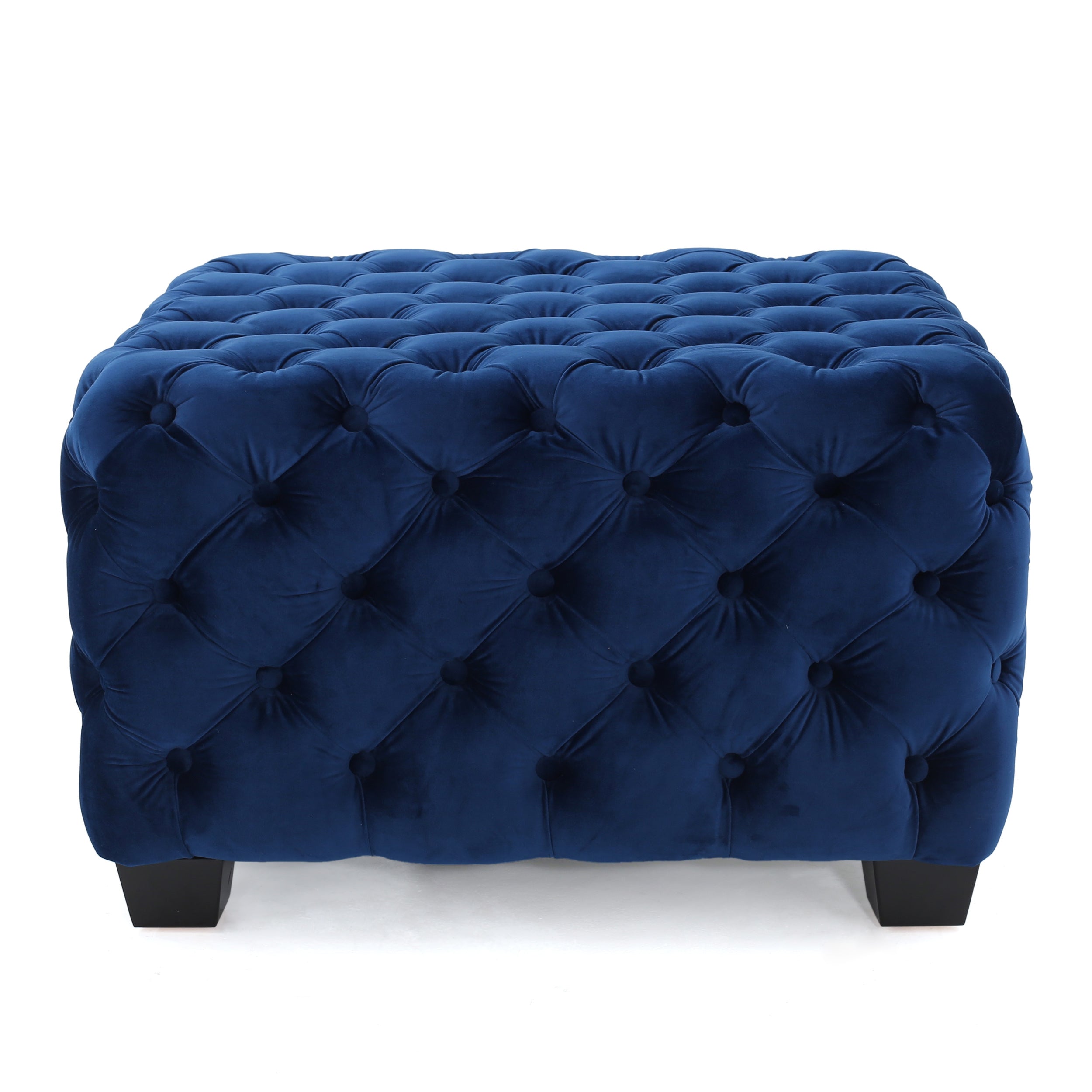 Modern Glam Ottoman with Velvet Upholstery and Button-Tufted Design in Navy Blue, 29 x 29 x 18.25 inches - Grand Goldman Shop