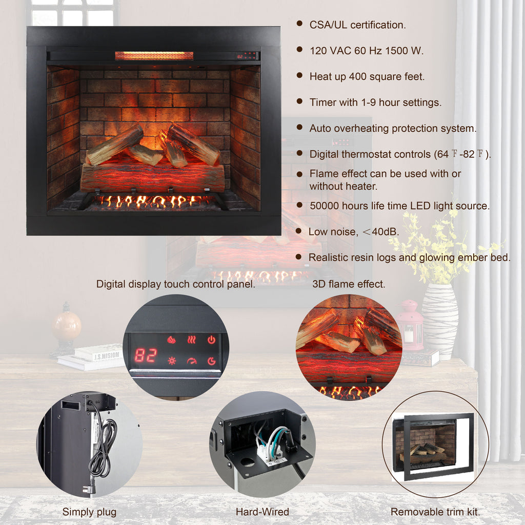 33 inch Infrared Electric Fireplace with Removable Trim kit Insert, Touch Panel Home Decor Heater, Smokeless Firebox With Fire Crackling Sound - Grand Goldman Shop