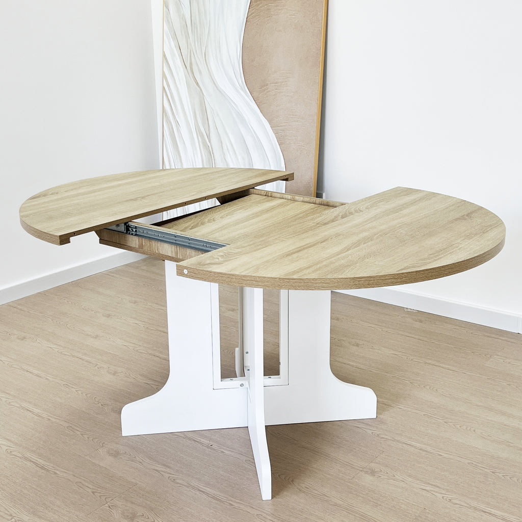 Dining Table for Farmhouse Kitchen 59x43 Inch Expandable Oval Table Top with Removable Leaf Trestle X Shaped Base White - Grand Goldman Shop