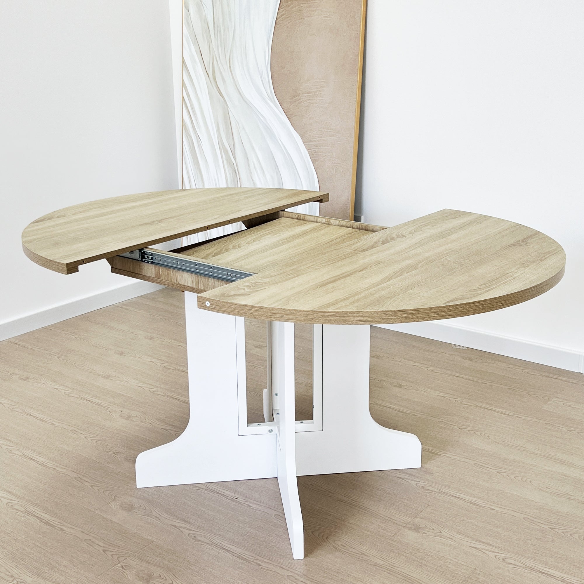 Dining Table for Farmhouse Kitchen 59x43 Inch Expandable Oval Table Top with Removable Leaf Trestle X Shaped Base White - Grand Goldman Shop