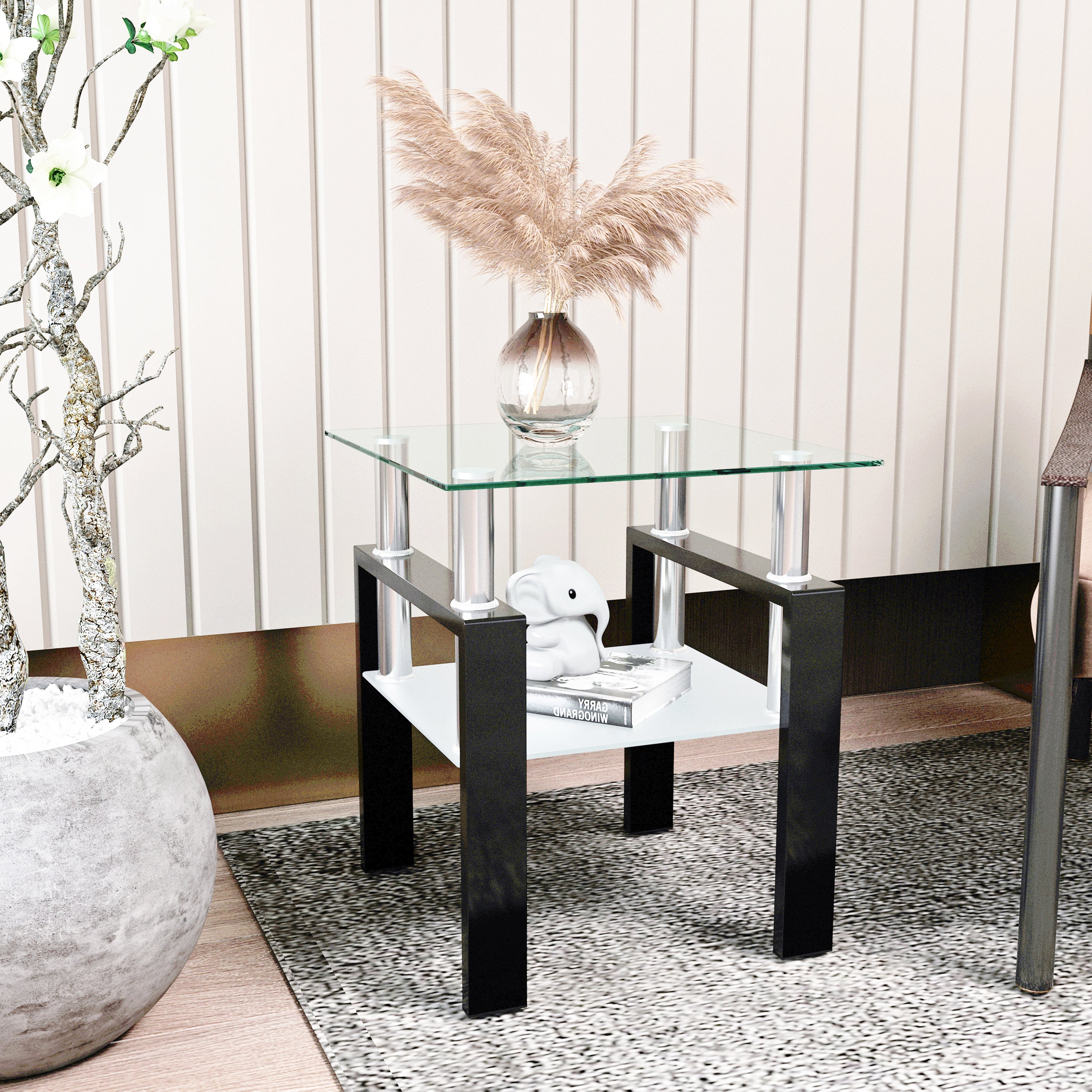 Modern Tempered Glass Tea Table Coffee Table End Table, Transparent/Black, Metal Leg, 17.72 x 17.72 x 20.5 inches - Grand Goldman Shop