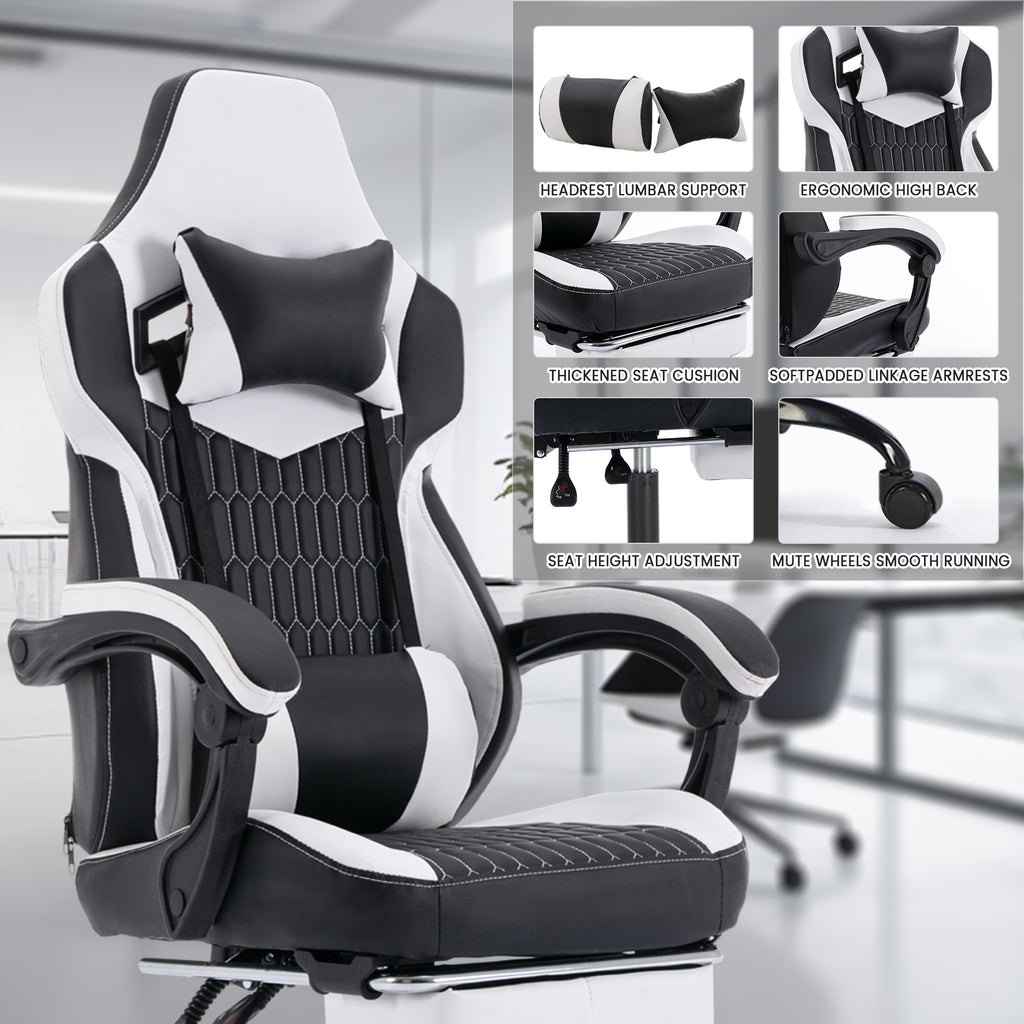 Gaming Chair with Footrest, High Back Gaming Chairs PVC Leather Ergonomic Office Gamer Chair Headrest Lumbar Support Racing S