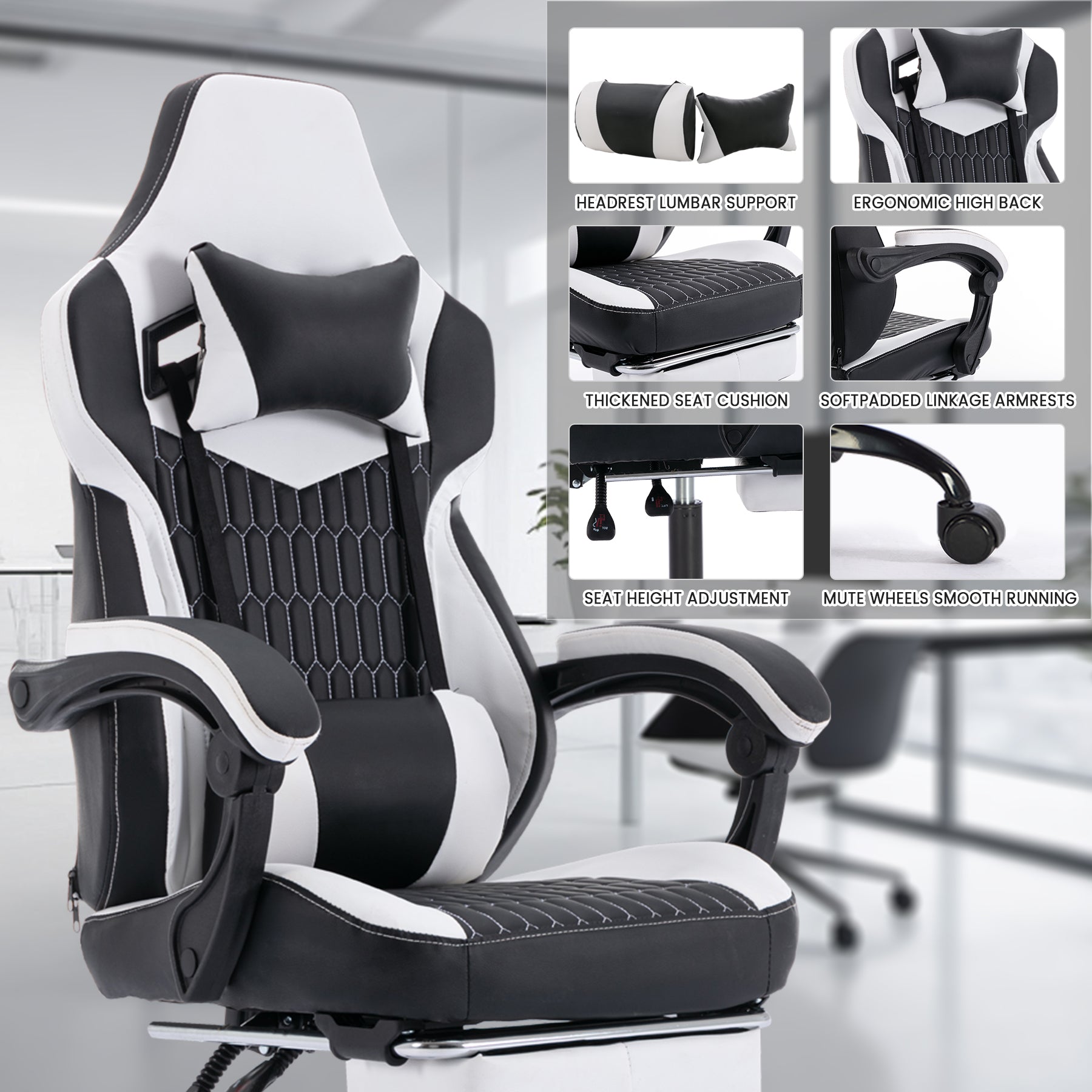Gaming Chair with Footrest, High Back Gaming Chairs PVC Leather Ergonomic Office Gamer Chair Headrest Lumbar Support Racing S