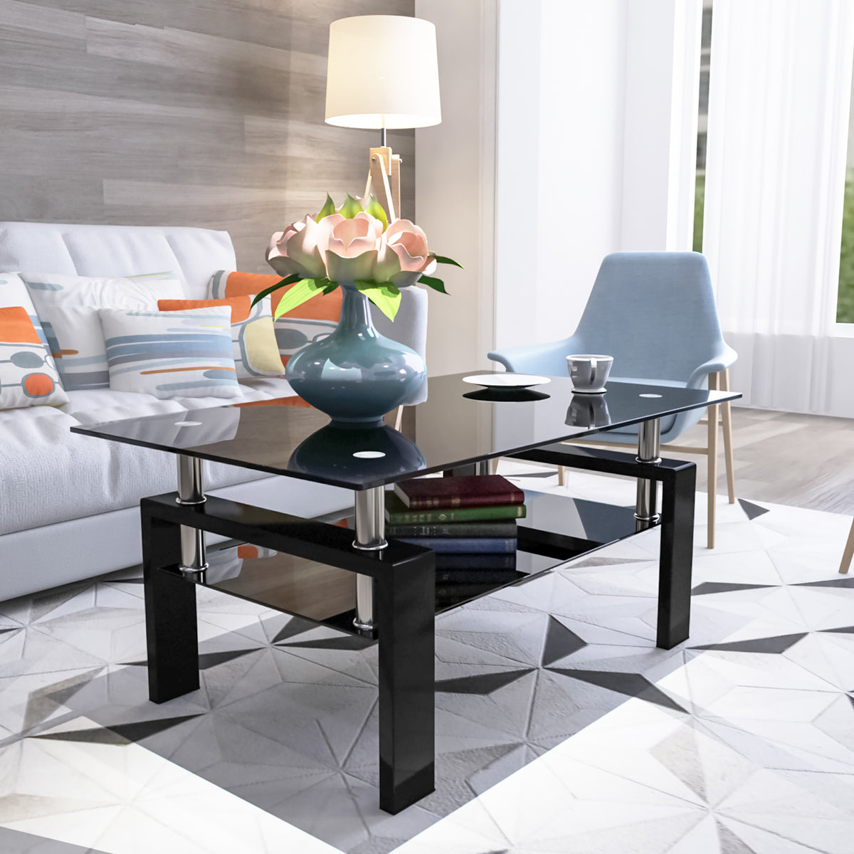 Rectangle Black Glass Coffee Table, Clear Coffee Table,Modern Side Center Tables for Living Room,Living Room Furniture (Old Sku:W24138125) - Grand Goldman Shop