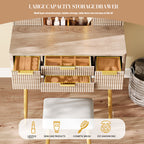 4-Drawer Vanity Desk with LED Mirror & Carved Details, Fluted Makeup Table with Metal Legs and PU Stool, Carved Dressing Table with Jewelry Storage for Bedroom - Grand Goldman Shop
