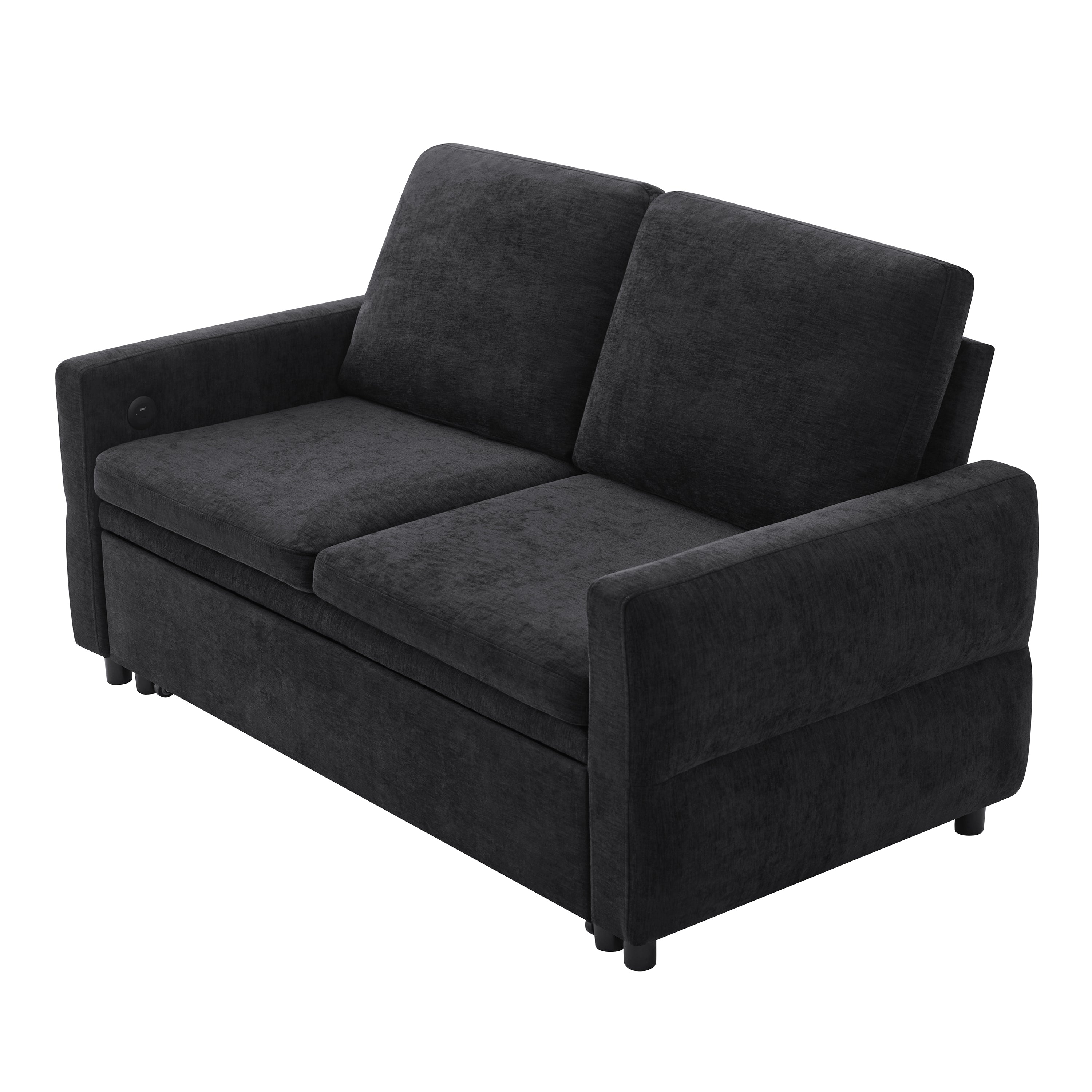 Black Convertible Sofa Bed Loveseat with Adjustable Backrest and USB Ports, 62.75' Chenille Upholstered Couch for Living Room or Small Space - Grand Goldman Shop