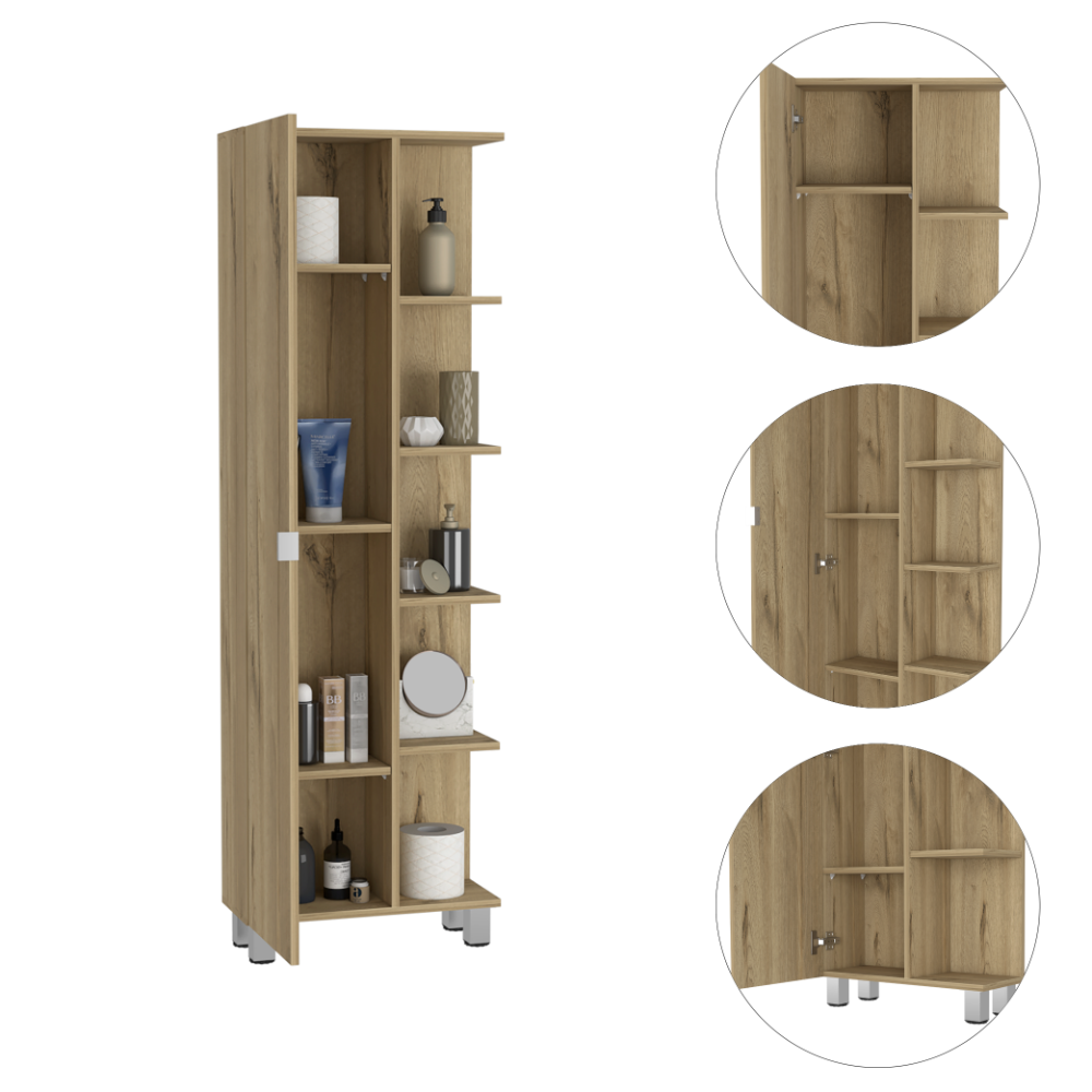 Urano Mirror Linen Cabinet, Four Interior  Shelves, Five External Shelves -Light Oak - Grand Goldman