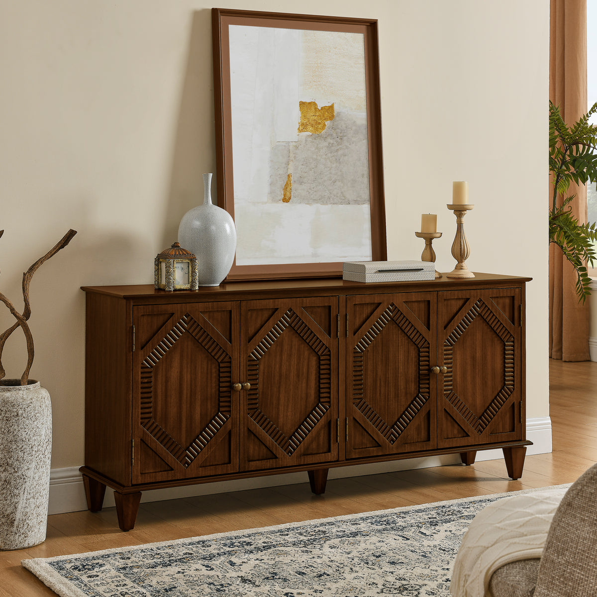 65.2' Mid Century Modern Sideboard Buffet Cabinet with Storage, Symmetrical Geometric Accent Coffee Bar Wine Bar Storage Cabinet, Large Console Table for Living Room/Entryway/Kitchen, Walnut - Grand Goldman Shop