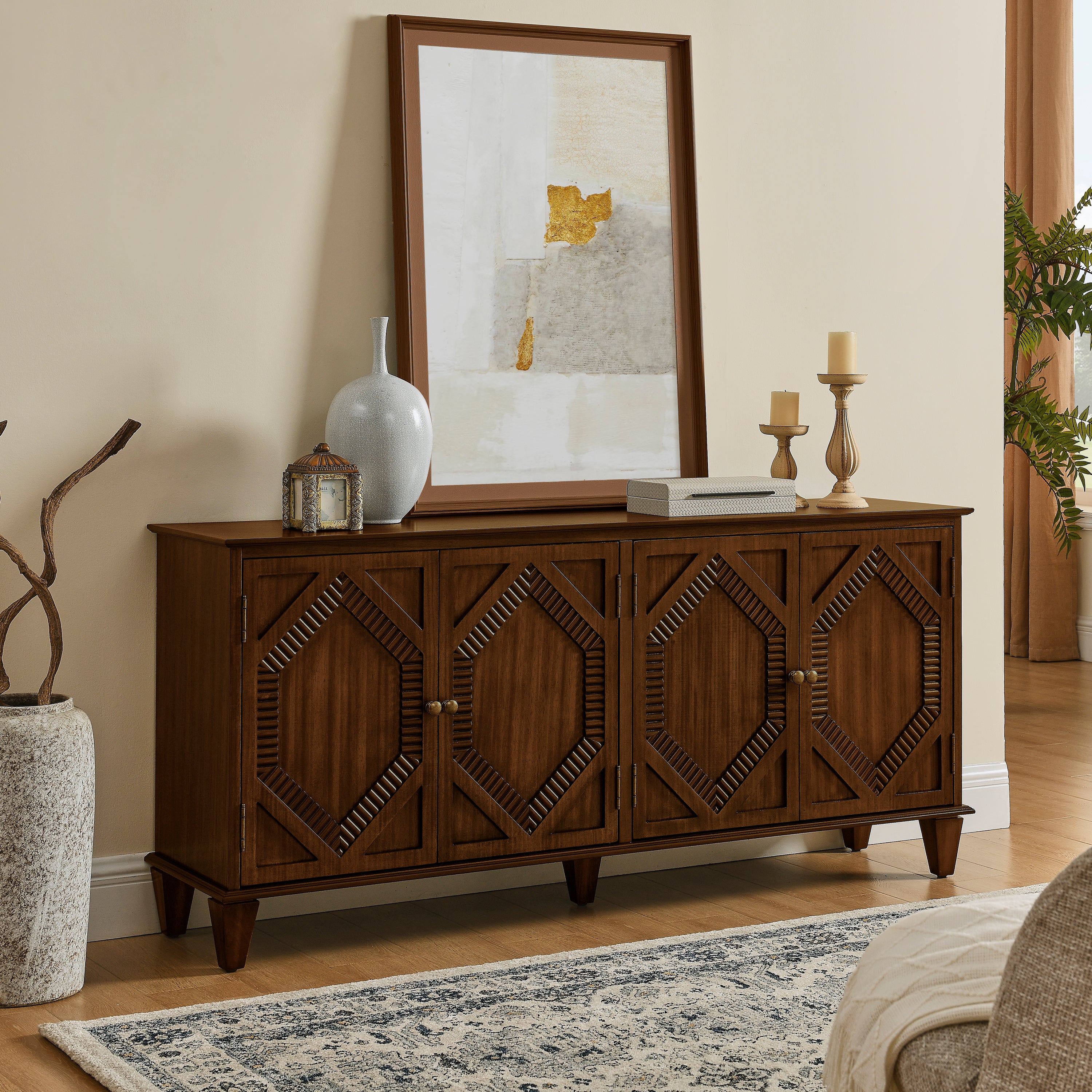 65.2' Mid Century Modern Sideboard Buffet Cabinet with Storage, Symmetrical Geometric Accent Coffee Bar Wine Bar Storage Cabinet, Large Console Table for Living Room/Entryway/Kitchen, Walnut - Grand Goldman Shop