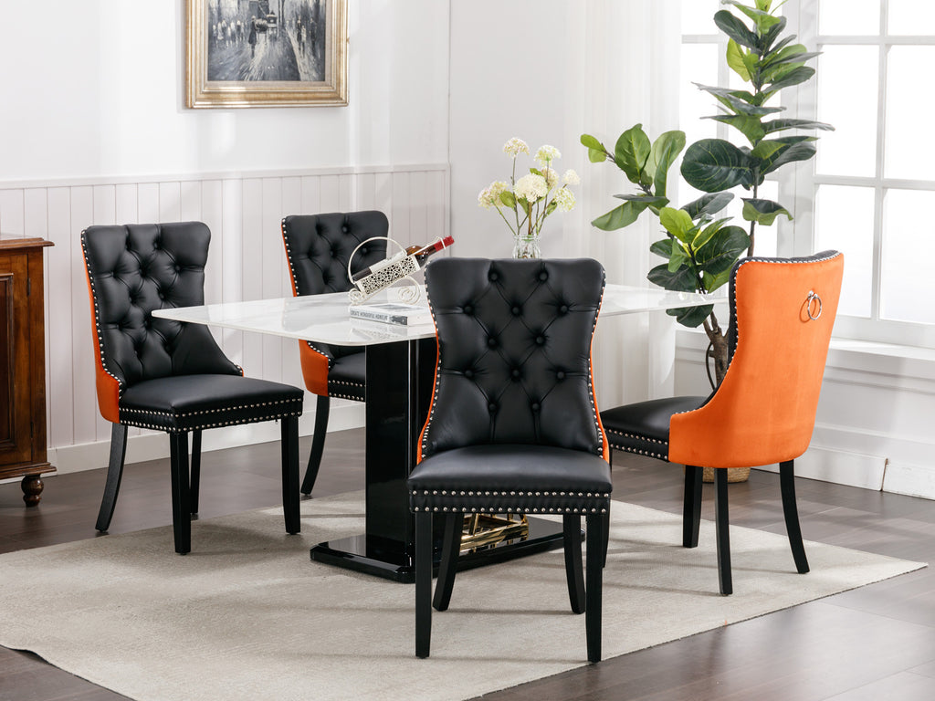 A&A Furniture,Nikki Collection Modern, High-end Tufted Solid Wood Contemporary PU and Velvet Upholstered Dining Chair with Wood Legs Nailhead Trim  2-Pcs Set，Black+Orange, SW2101BO - Grand Goldman Shop