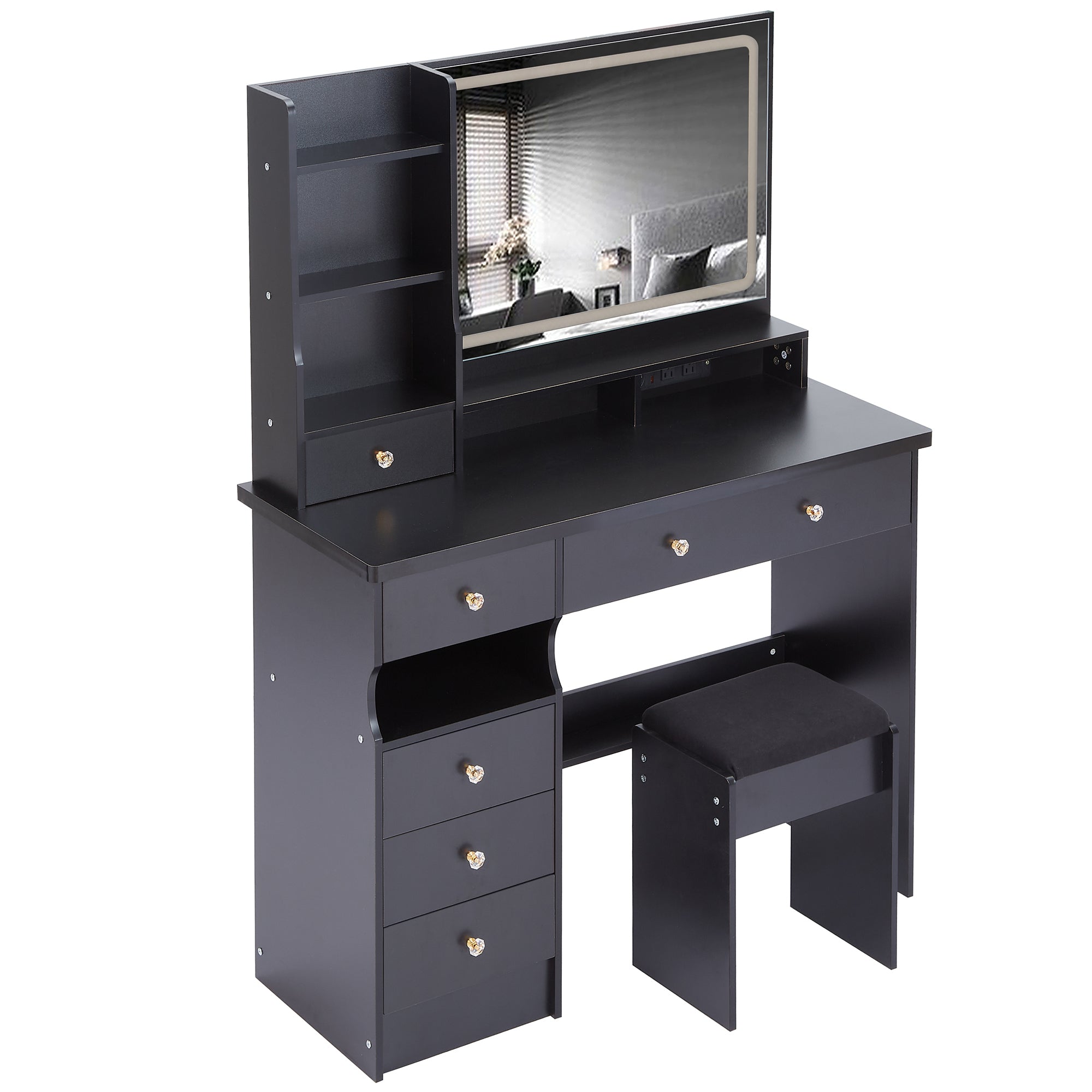 41' Large Size Left Drawer Desktop Vanity Table+Cushioned Stool Dresser Set, 2 AC+2 USB Power Station, Hair Dryer Stand, Extra Large Touch Control LED Mirror, 3-color Switch, EPA, GCC, UL Certificate - Grand Goldman Shop