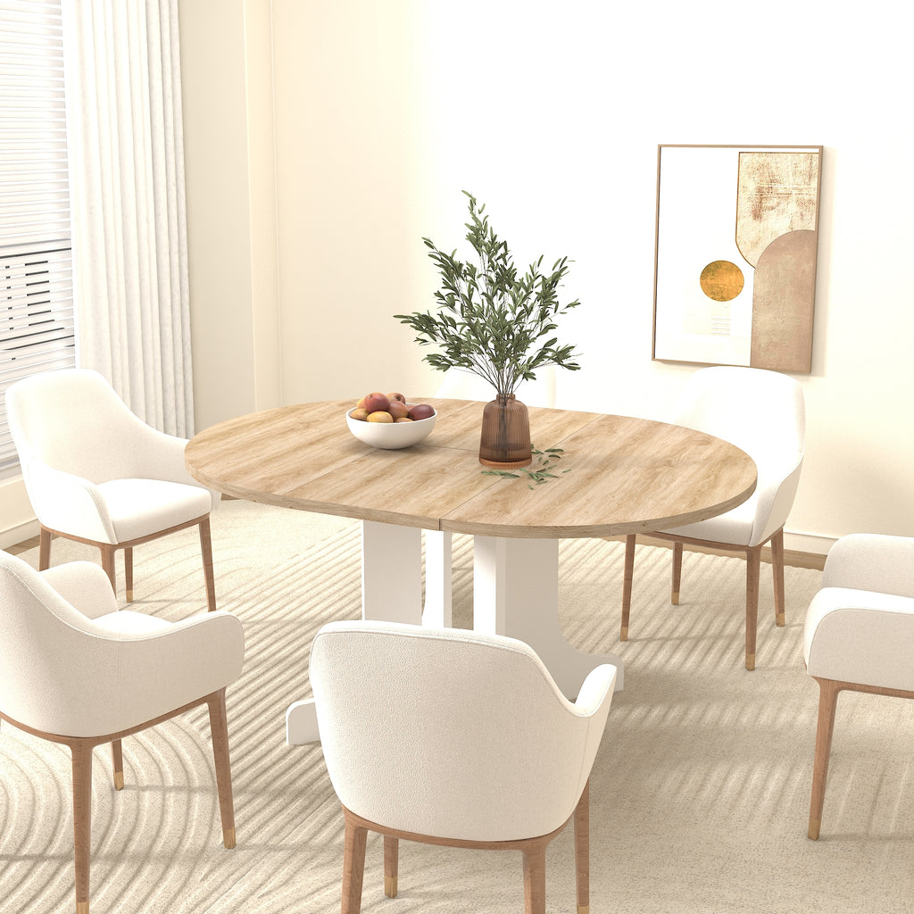 Dining Table for Farmhouse Kitchen 59x43 Inch Expandable Oval Table Top with Removable Leaf Trestle X Shaped Base White - Grand Goldman Shop