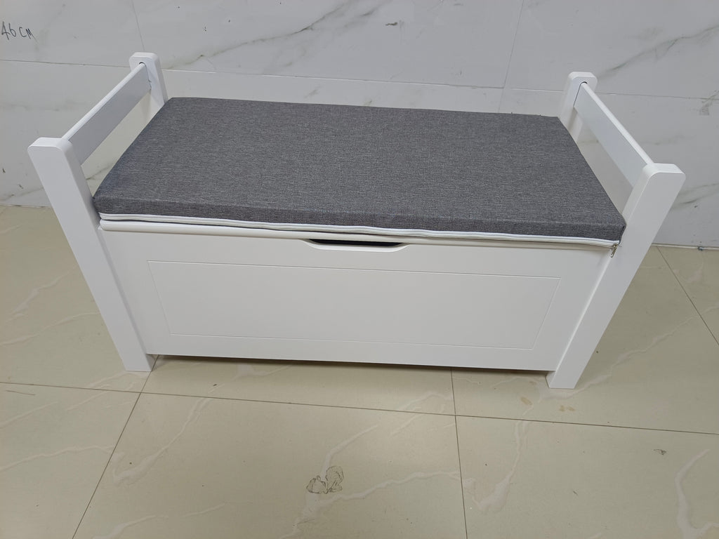 Kids Toy Box Chest White Storage Cabinet with Cushion Seat Bench Flip-Top Lid Safety Hinge for Nursery Playroom - Grand Goldm