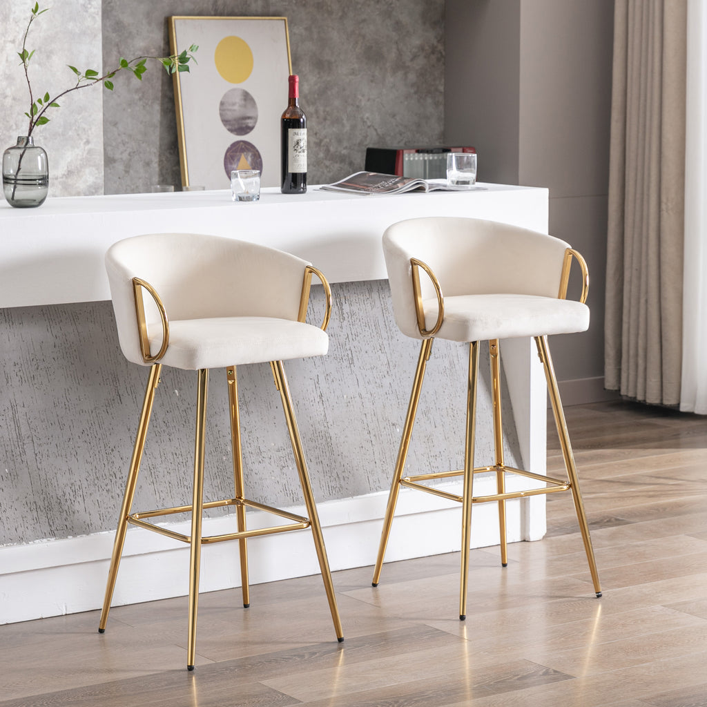 26 Inch Set of 2 Bar Stools,with Chrome Footrest and Base Velvet + Golden Leg Simple Bar Stoo,CREAM - Grand Goldman Shop