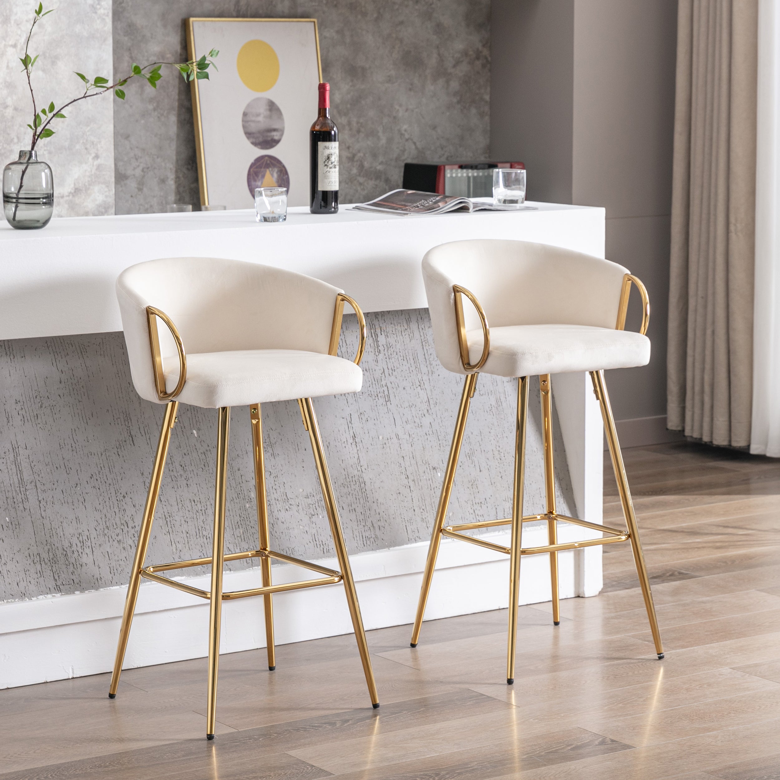 26 Inch Set of 2 Bar Stools,with Chrome Footrest and Base Velvet + Golden Leg Simple Bar Stoo,CREAM - Grand Goldman Shop